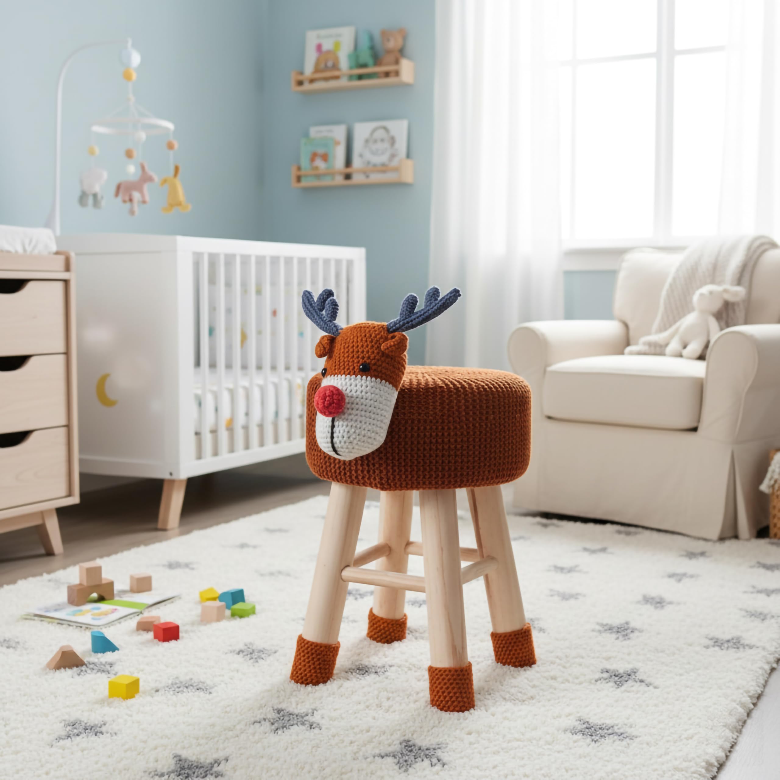 Woodland Deer Stool for Kids, Animal Themed Wooden Ottoman Chair with Soft Plush Fabric, Sturdy Pine Wood Legs, Ideal for Playrooms, Nurseries or Living Rooms, Cinnamon