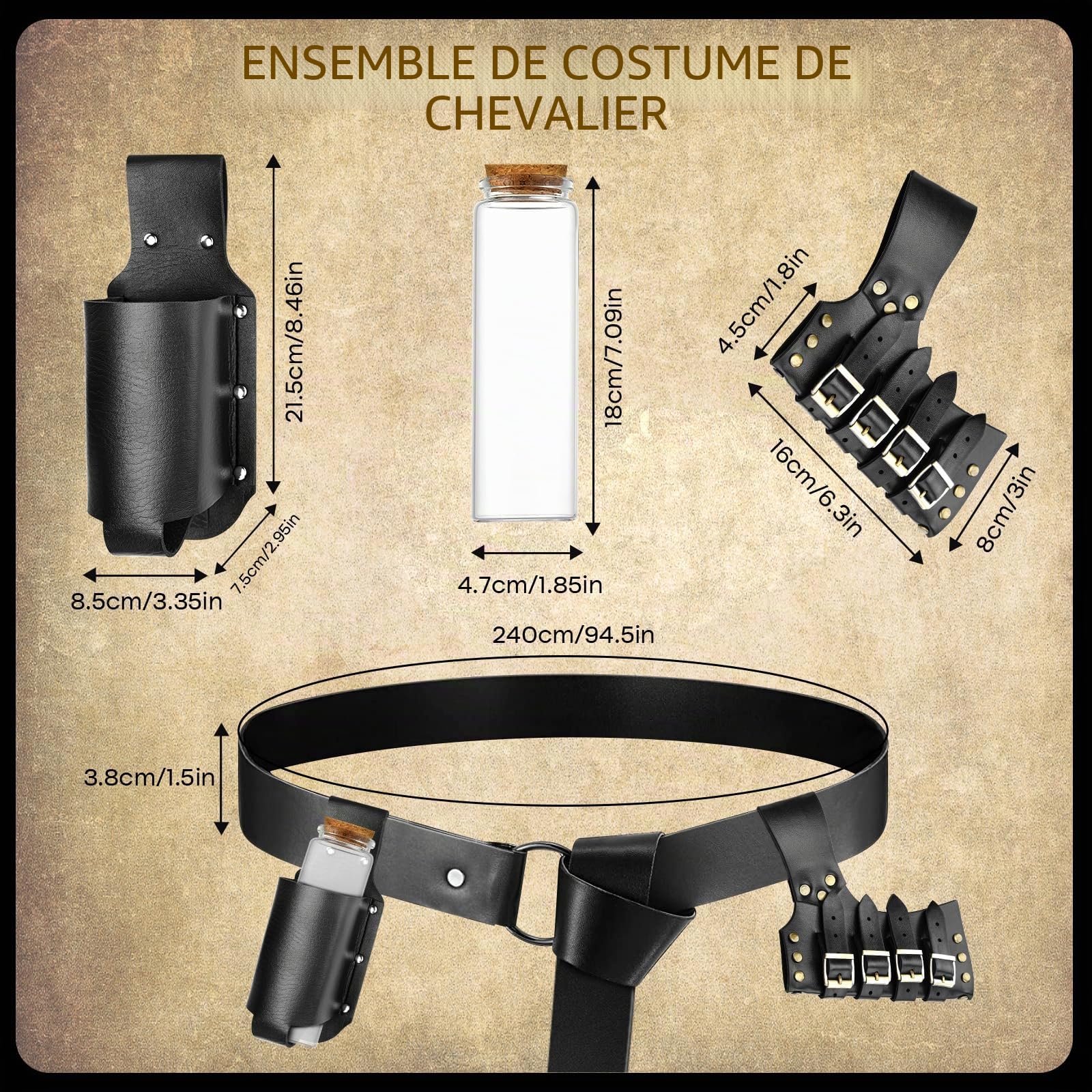 PLULON 9 Pièces Costume chevalier médiéval Hommes Cape à Capuche Rétro Châle Ceinture en Cuir PU Épaule Armure Boucle Brassards Épée Grenouille Porte-Bouteille Bouteille