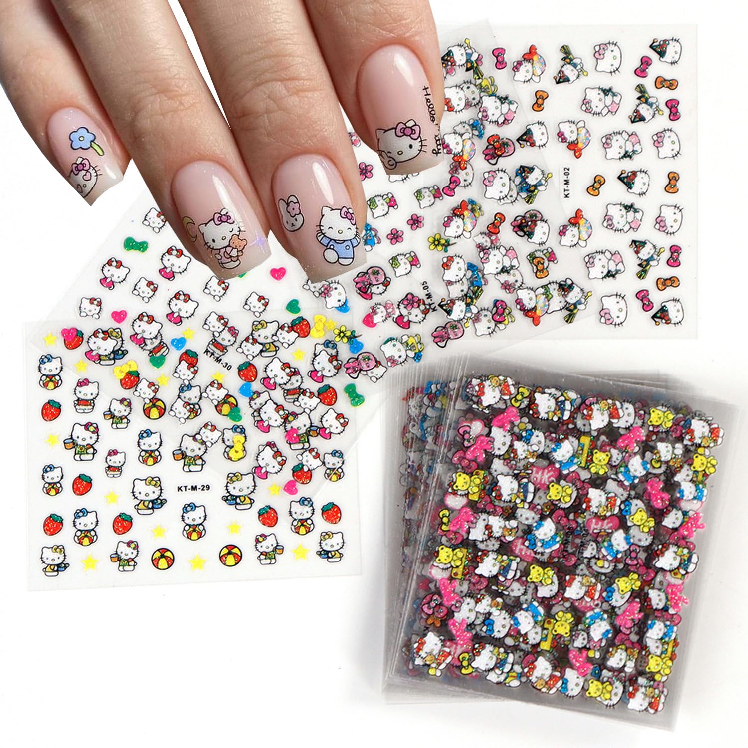 30Sheets Colorful Cute Nail Art Stickers Cartoon Nail Decals 3D Self Adhesive Cartoon DIY Flower Heart Bow Nail Designs with Glitter Nails Supplies Small Size Sticker for Women Girls Decor Accessories