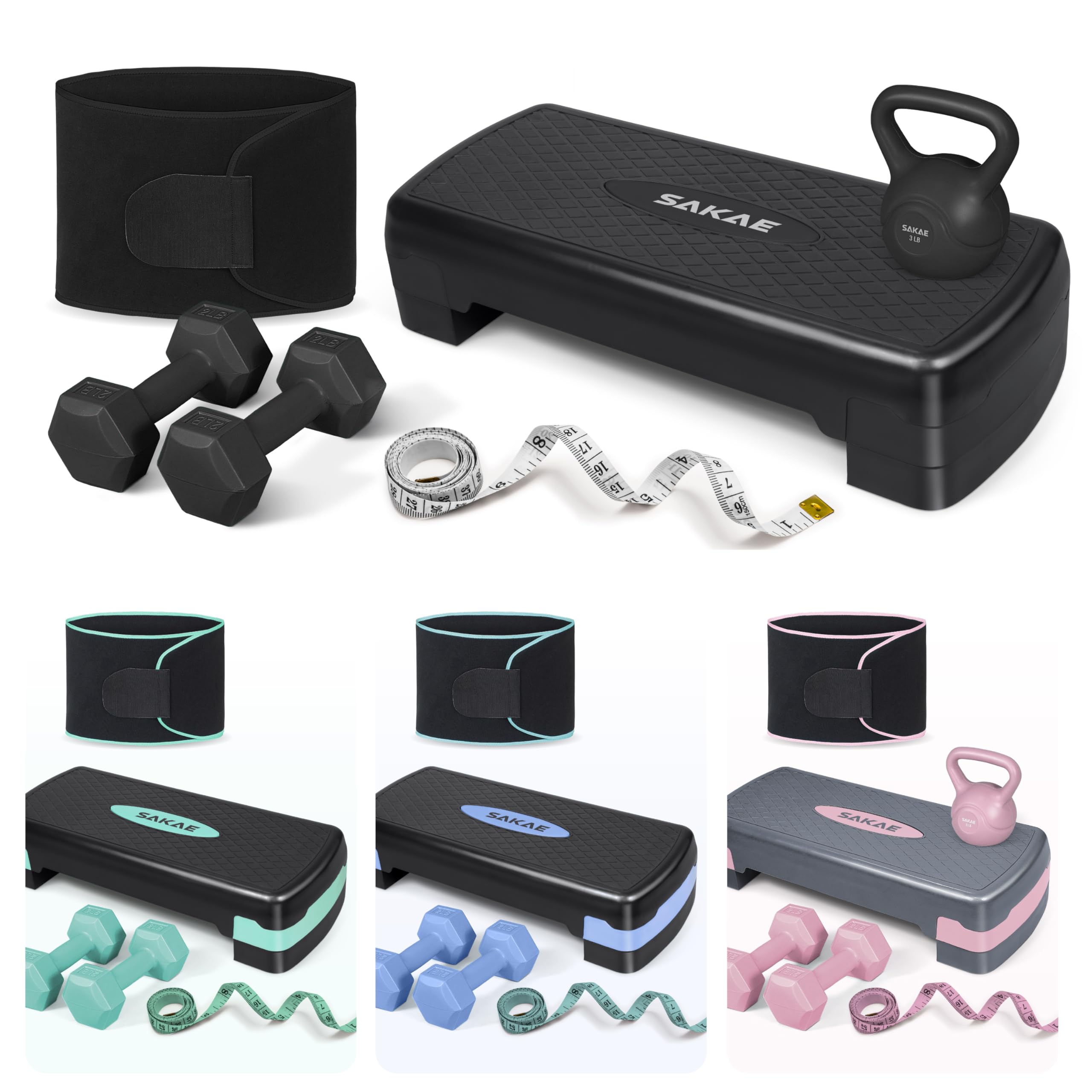 SAKAE Adjustable Aerobic Stepper Kit with Dumbbells & Kettlebell & Weightlifting Belt & Measuring Tape, 2 Level Risers Exercise Step Platform for Home