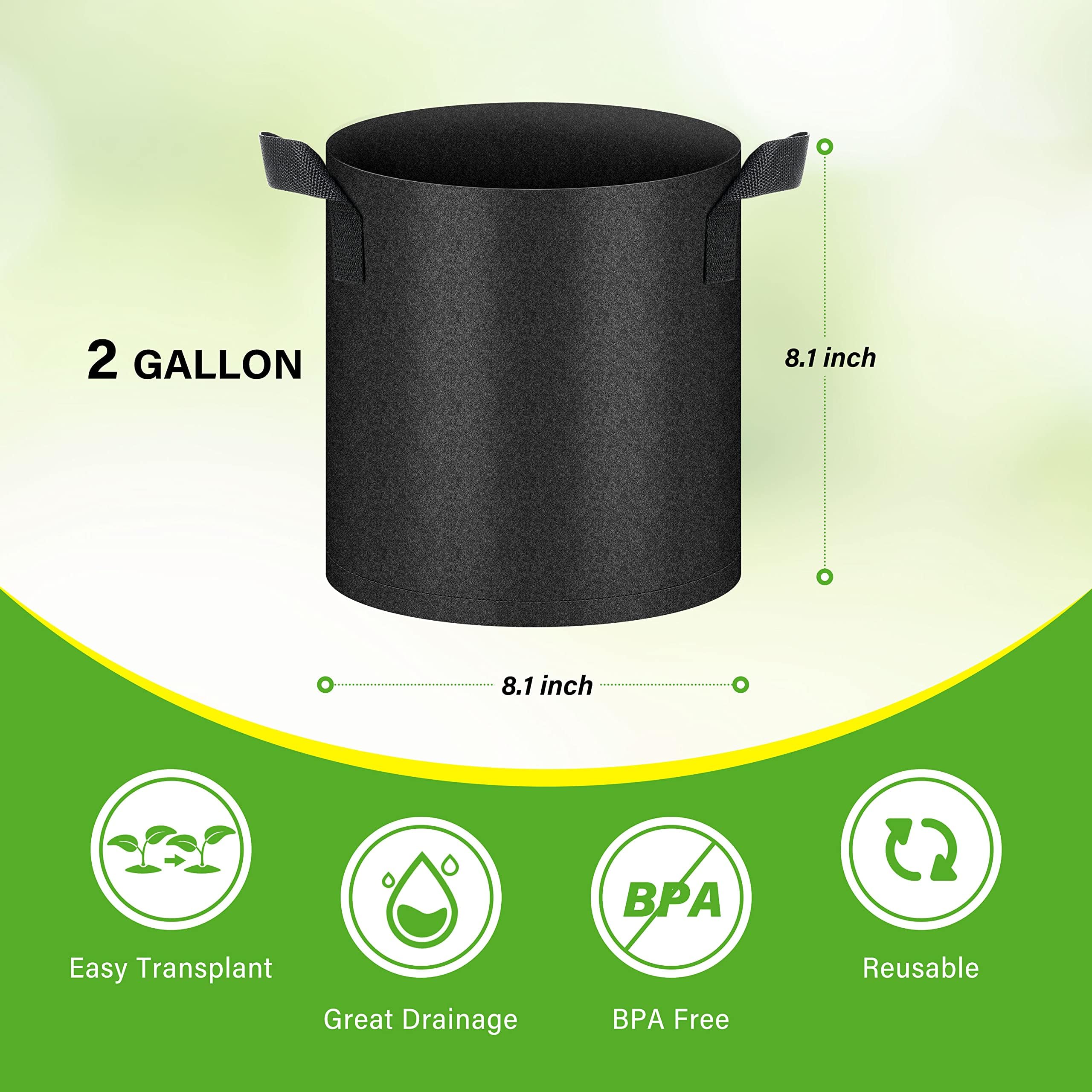 HealSmart Paquete de 6 bolsas de cultivo de 2 galones, macetas de tela de aireación no tejida con asas, macetas de tela, adecuadas para frutas de jardín, verduras, tomate y flores, color negro
