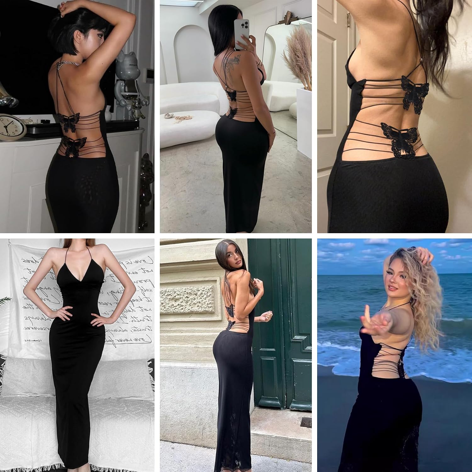 Women's Sleeveless Floral Butterfly Maxi Dress Sexy V Neck Backless Bodycon Dress Bandage String Cocktail Party Dress