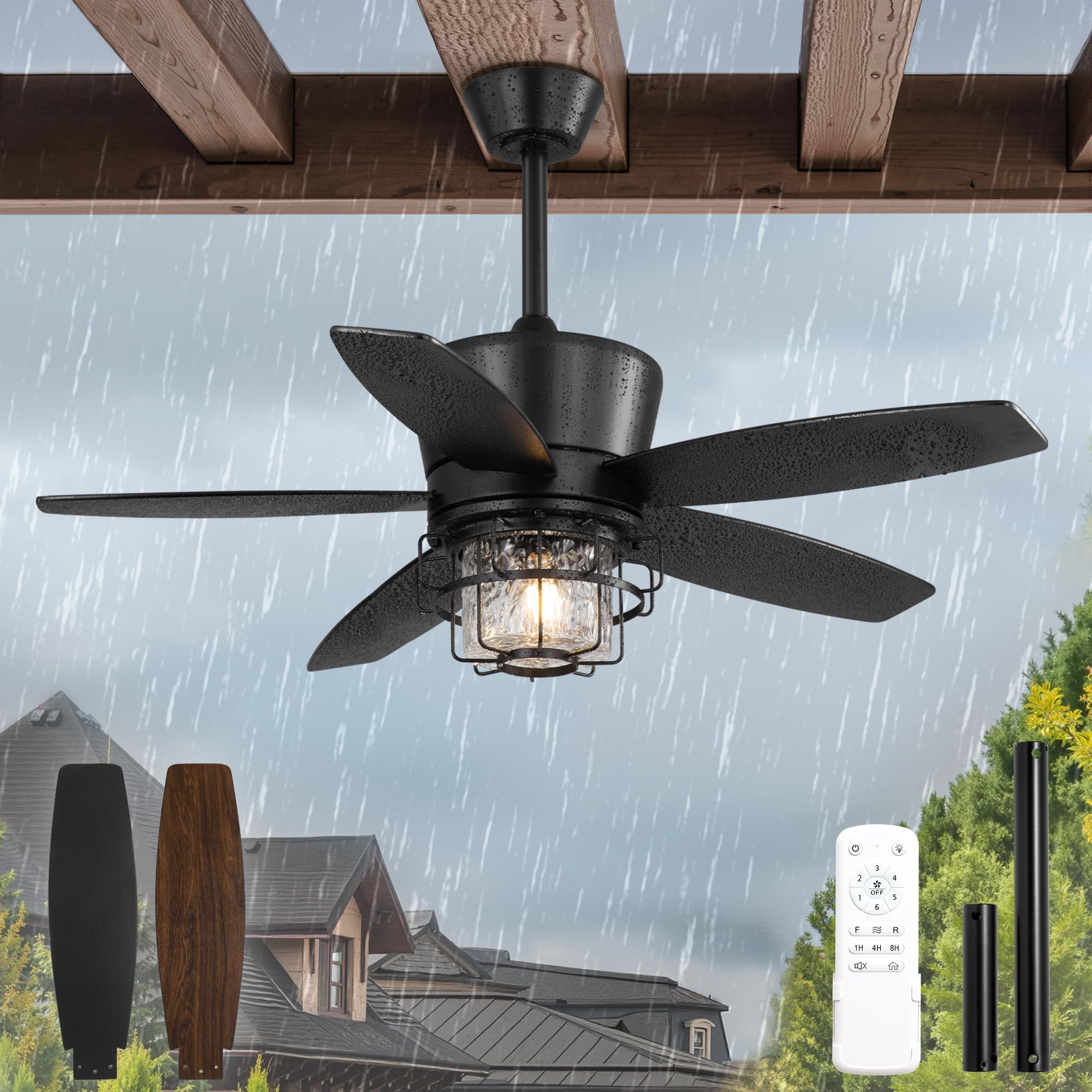 42" Outdoor Ceiling Fans with Lights and Remote Control,IP65 Wet Rated Waterproof Ceiling Fan with 6-Speed DC Motor, Farmhouse Gazebo Fan for Porch Patios Pavilion（Black）