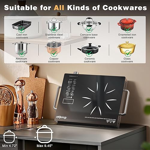 Miniatura 6 de Cocina eléctrica de quemador único - Placa caliente portátil de un quemador de 1800 W, 110 V, estufa eléctrica de encimera para el hogar, camping, 1