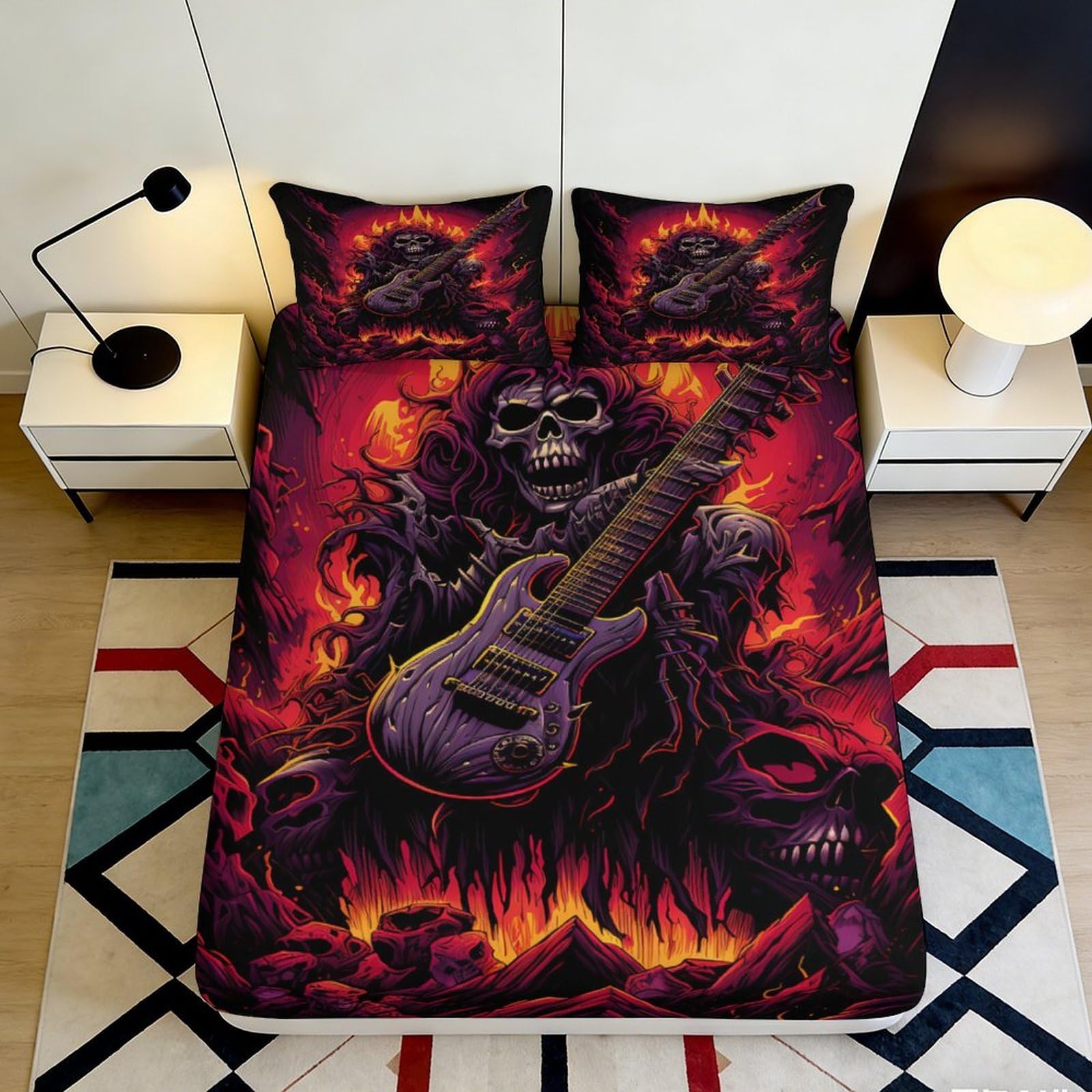 3D Printed Skull Guitar Fitted Sheet Microfiber Soft Breathable Flame Art Bed Cover for Bedroom Dorm Decor 90x200x25cm
