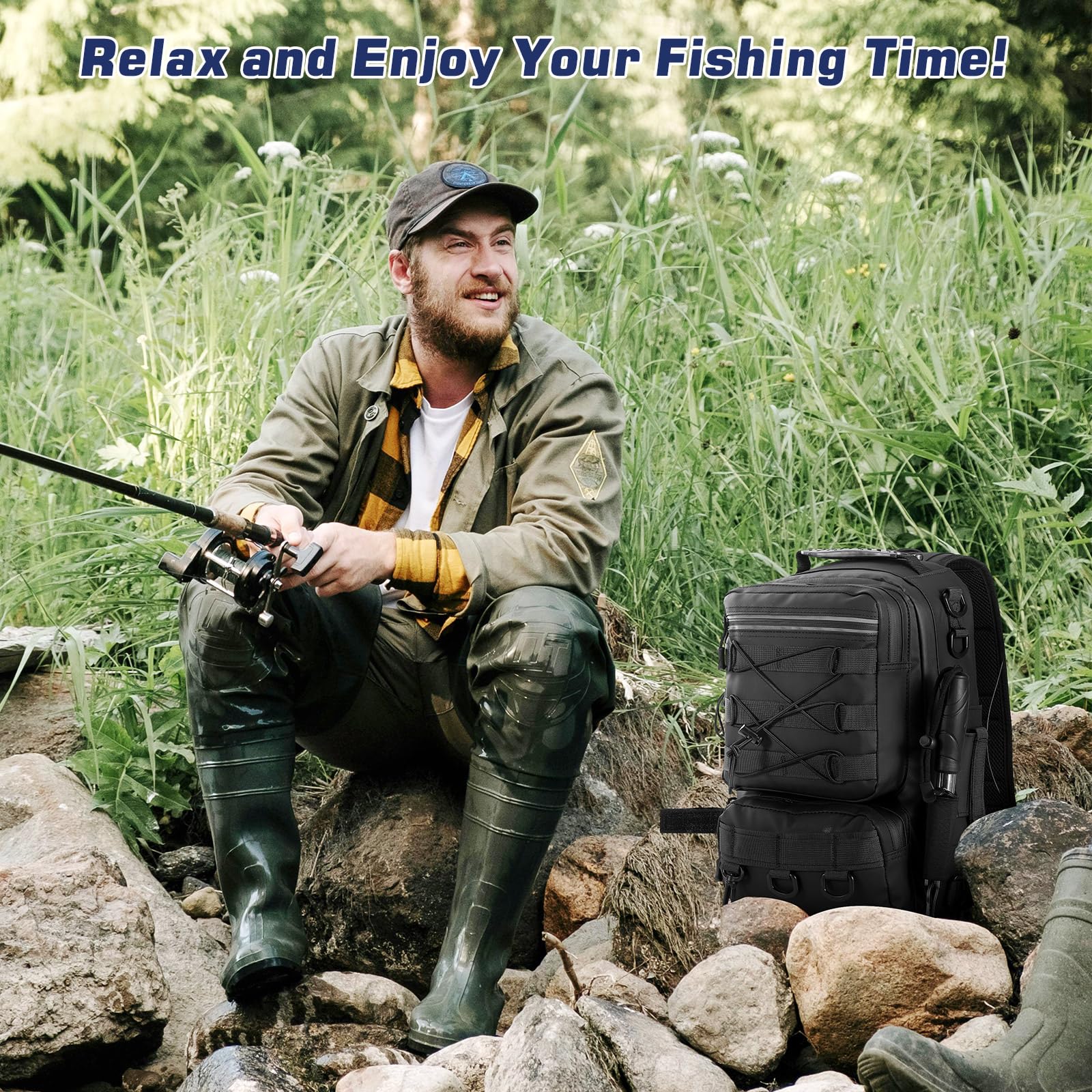 MoKo Sac à dos de pêche avec support pour canne à pêche et équipement, sac de rangement des accessoires en nylon imperméable pour le camping, la randonnée, la chasse, Noir