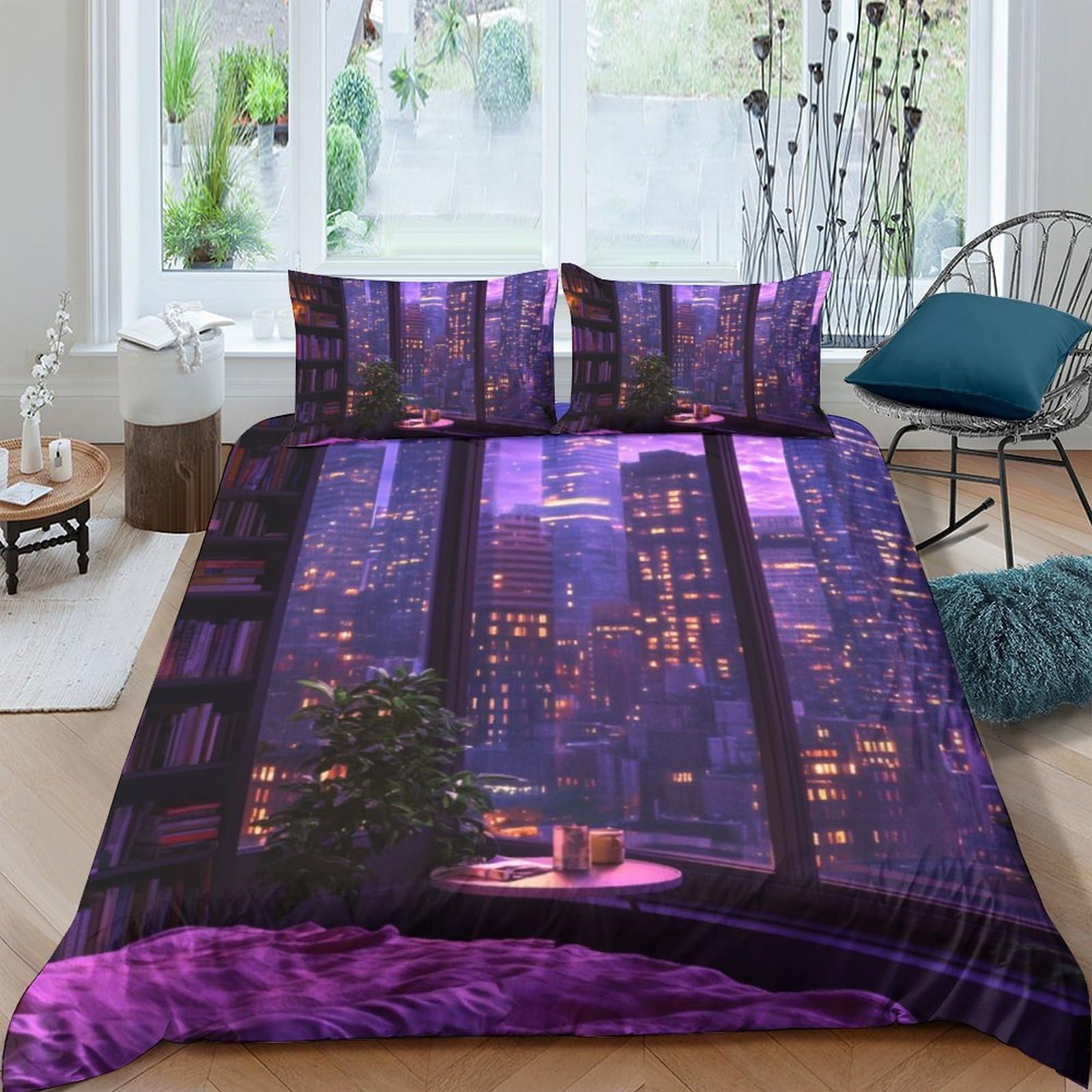 Ctjqhvkz Style-6 3D Printed Neon Cityscape Fitted Sheet Microfiber Soft Purple Urban Night Mattress Cover Bedroom Decor Single（135X200cm）