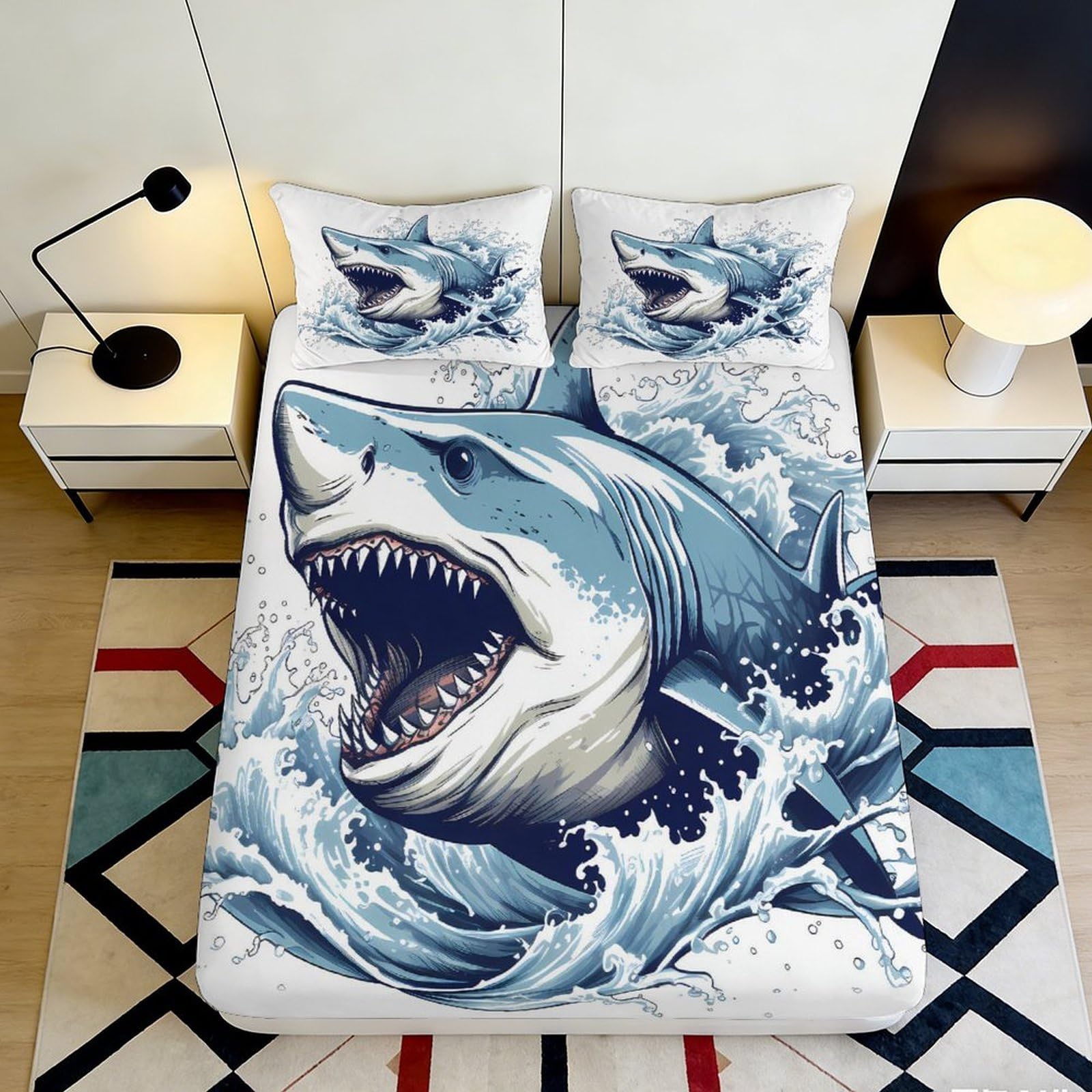 Pnayamiorkfel Style-6 3D Printed Shark Ocean Fitted Sheet Microfiber Soft Breathable Waves Mattress Cover For Bedroom Guest Room Decor 90X200x25cm
