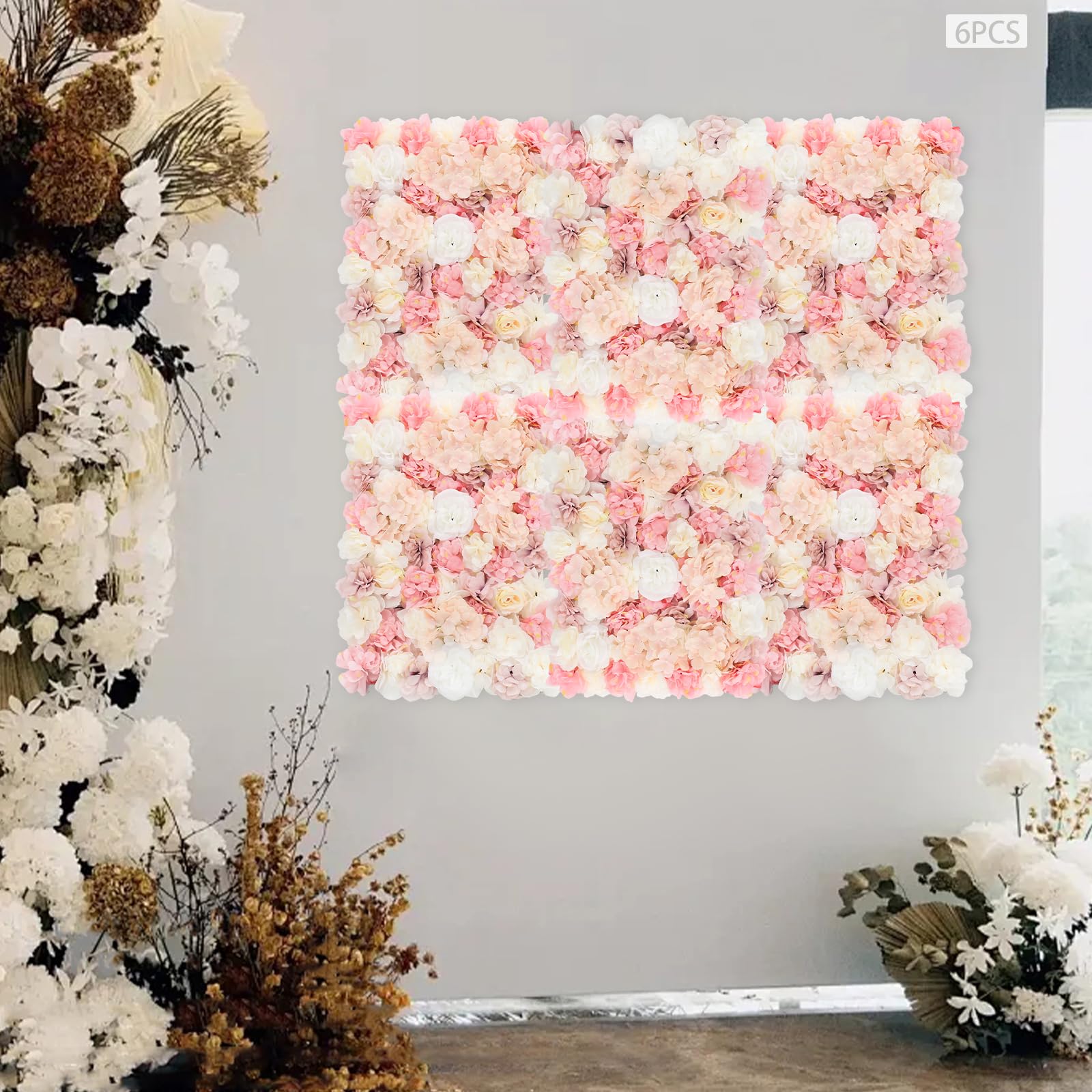 Pannello da parete con 6 fiori, decorazione da parete per matrimonio, decorazione da parete con rose in seta 3D, per palcoscenico, feste, foto, decorazione per la casa (bianco)