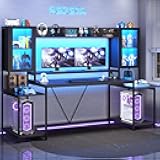 SEDETA Gaming Desk 74.8'' with LED Lights, Hutch and Storage Shelves, Computer Desk with Monitor Stand, Large PC Gamer Desk Workstation, Ergonomic Gaming Table for Bedroom, Living Room, Black