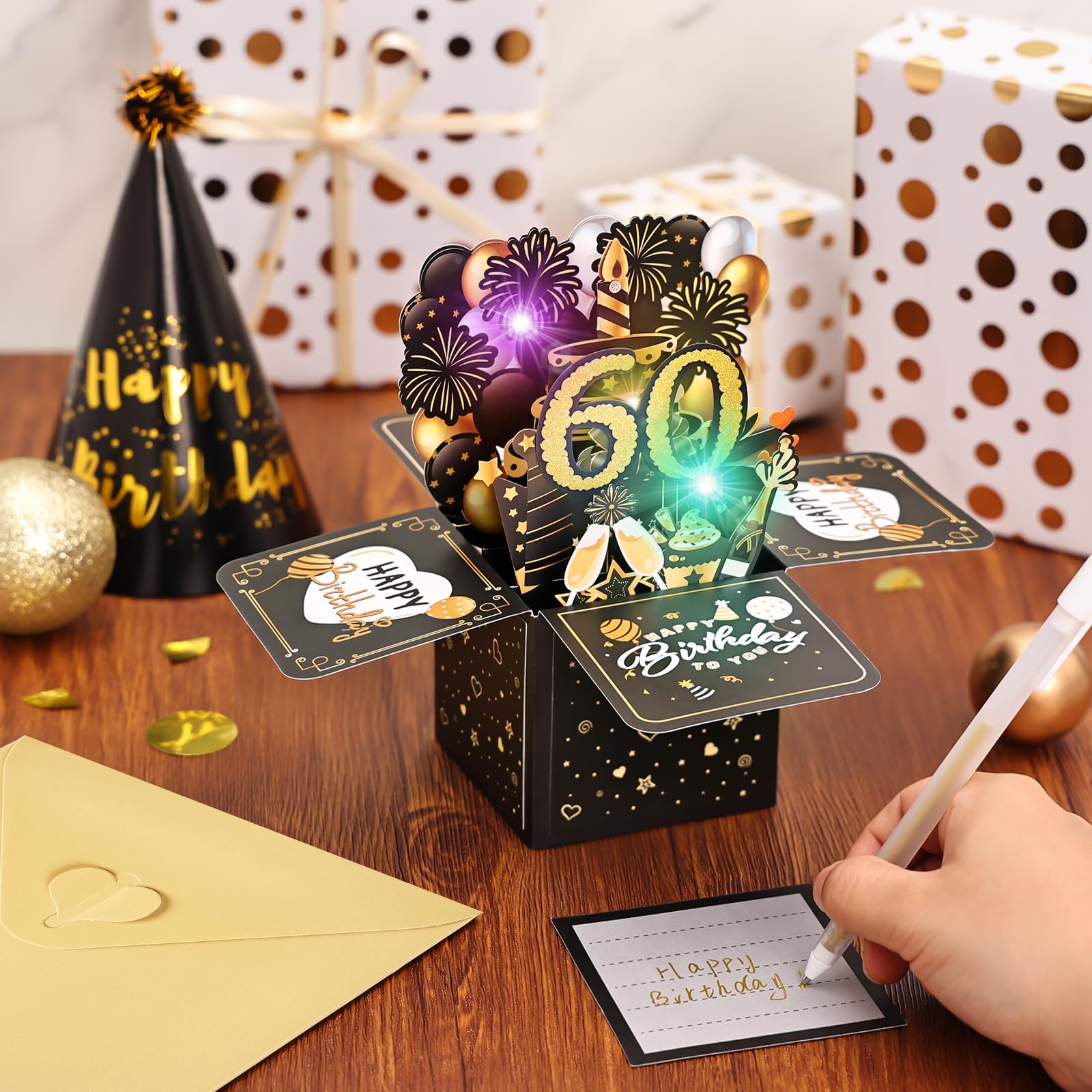 FWLWTWSS Biglietti di compleanno pop-up per donne, biglietto di auguri per il 60° compleanno con luci e musica, biglietti di compleanno musicali 3D unici con candela soffiabile, biglietto di buon