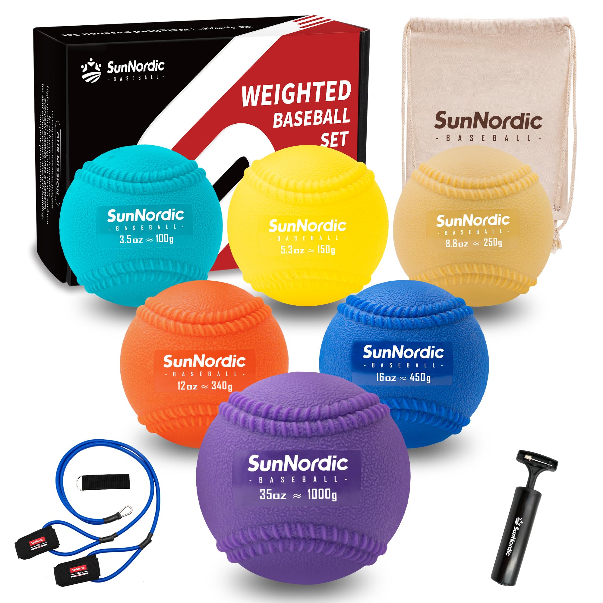 SunNordic Lot de 6/9 coutures pliométriques lestées (0,9 à 4,9 / 90,9 / 1984,5 g) avec bande de résistance de 25/35/22,7 kg pour lancer, entraînement au frappe, softball d'entraînement à coque souple