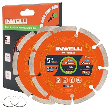 5 Inch Segmented Diamond Saw Blades 2-Pack, Diamond Cutting Wheel for Angle Grinder, Tile Cutter Blades, for Cutting Stone Marble Granite Concrete Brick, 7/8’’-20mm Arbor