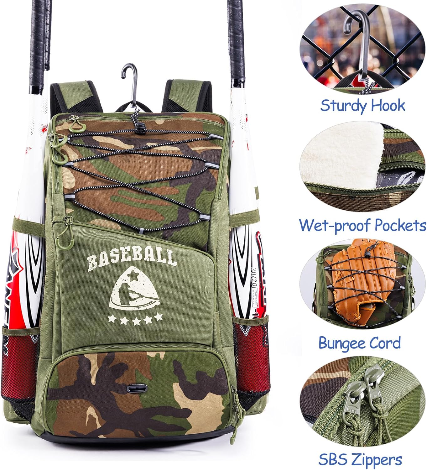 Baseball Bag for Youth & Adult with 4 Bat Sleeves - Softball Bat Bag with Shoe Compartment - Baseball Backpack for T-Ball, Softball Equipment, Baseball Gear, Baseball Bags for Boys 8-12