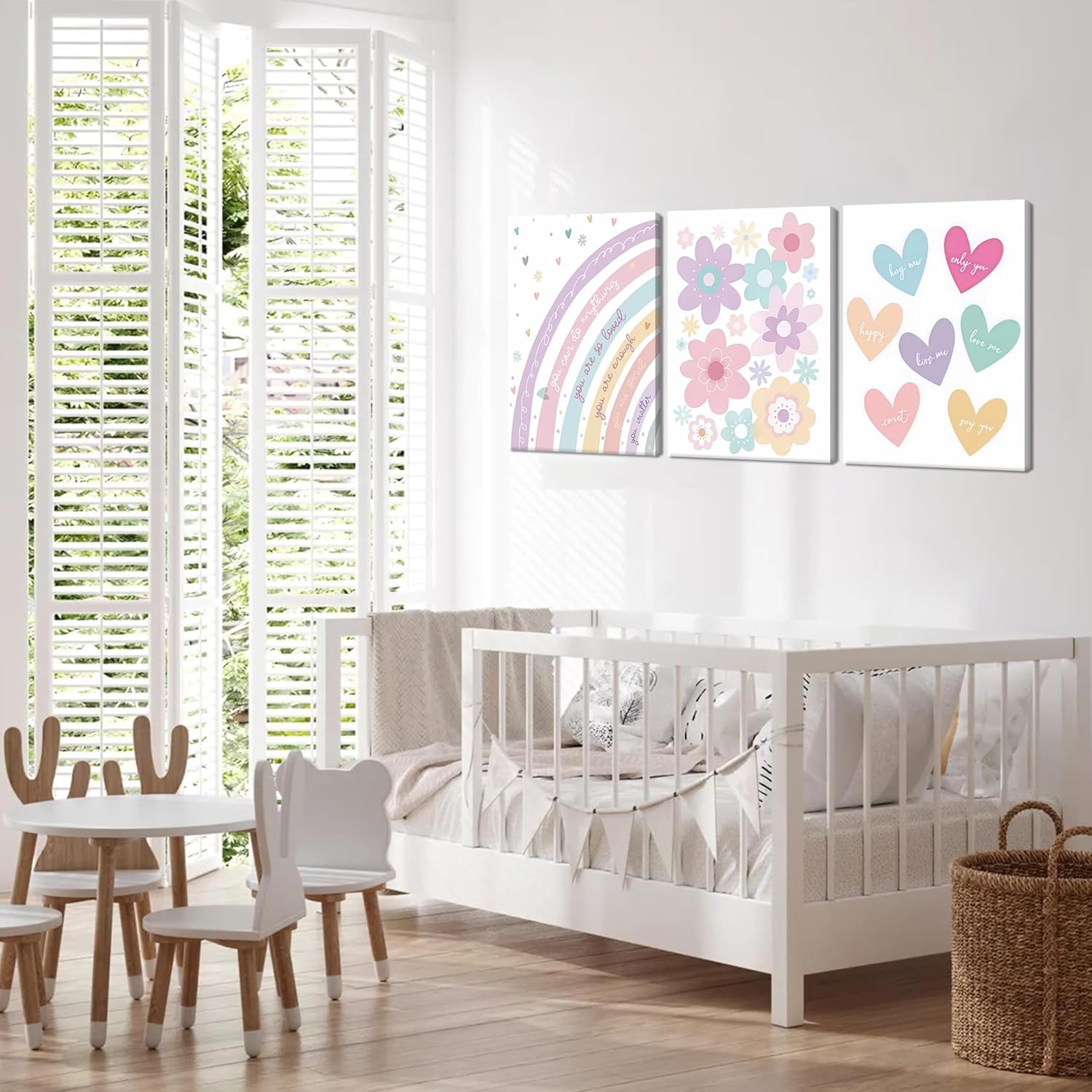 3 Pieces Nursery Boho Wall Art, Framed Cartoon Rainbow Canvas Prints, Colorful Heart Wall Decor, Cute Flower Posters Artwork, Pink Girls Room Aesthetic for Bedroom Dormitory – 12x16in