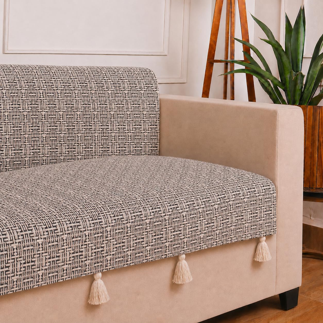 STITCHNEST 'Nomad Weave Collection' 3 Seater Sofa Cover – Full Coverage| Elegant Jacquard Fabric, Decorative Tassels, Washable & Durable for Modern Living
