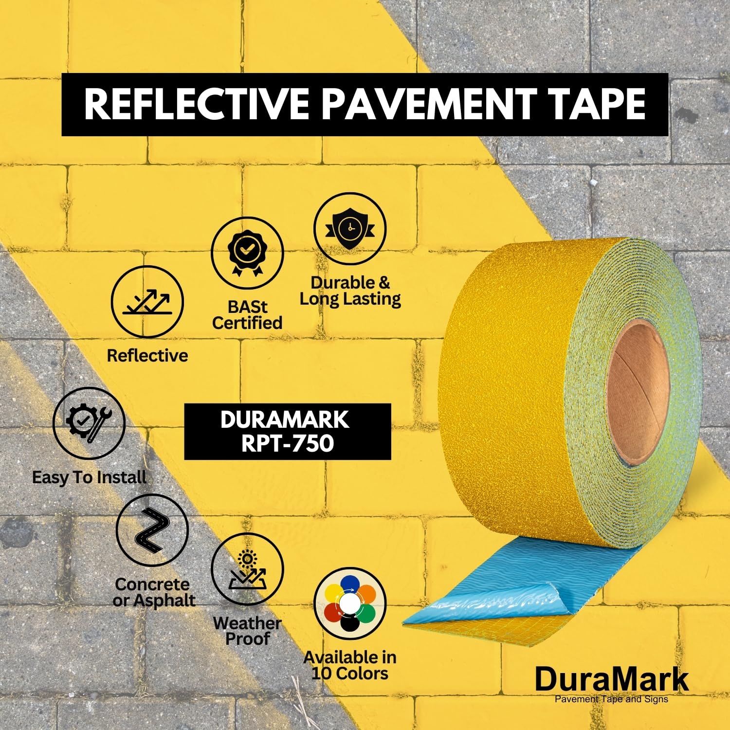 DuraMark RPT-750 - Cinta reflectante amarilla para marcar pavimentos – Base de goma resistente al deslizamiento con certificación Bast de alta durabilidad para exteriores (3 pulgadas x 18 pies)