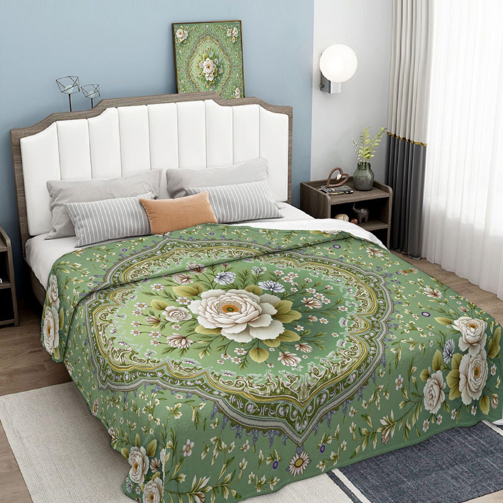 Versátil Manta De Peluche Verde Salvia 220X240Cm Manta Floral Geométrico Mantas Acogedora Botánicos Orientales Mullida Colchas Sofá Mantas De Franela Decorativa para Camas Infantiles Silla