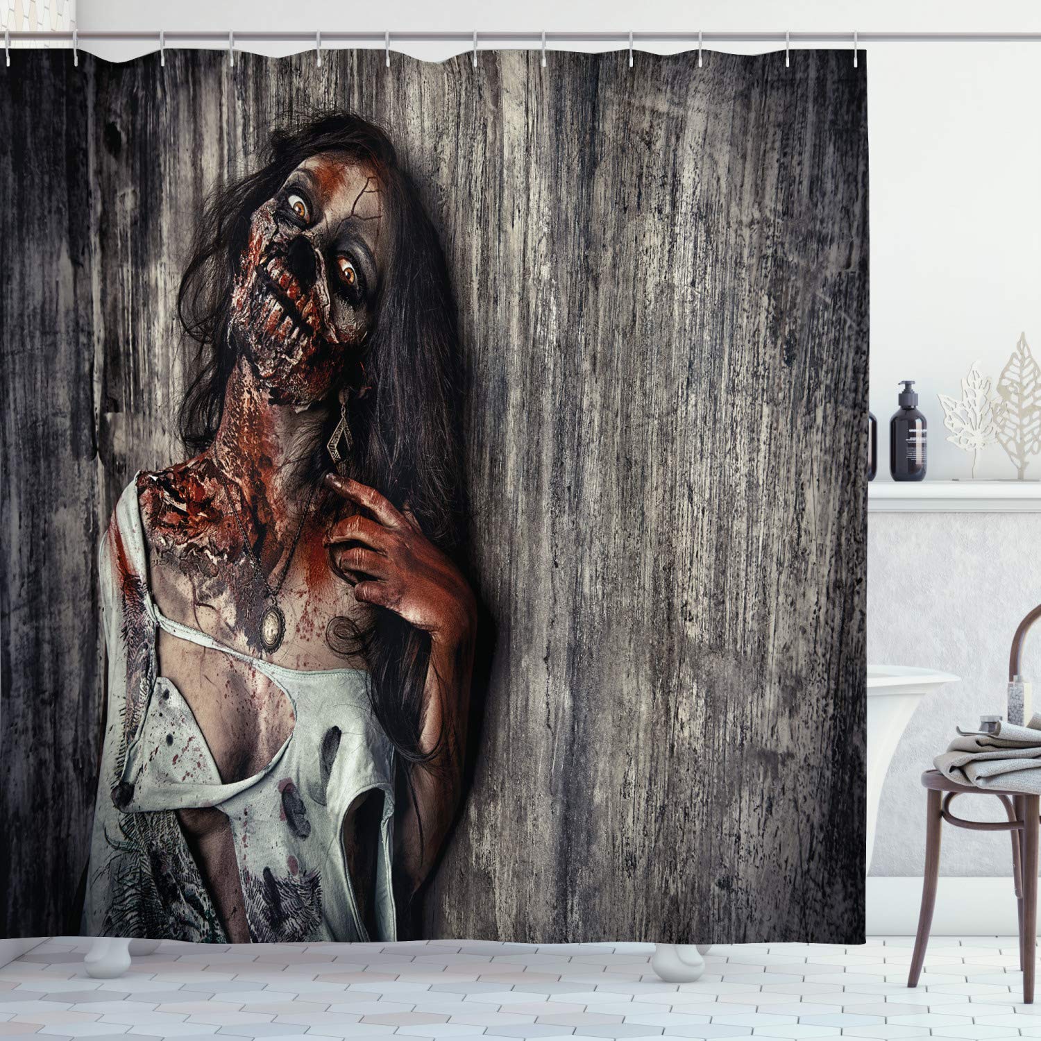 ABAKUHAUS Zombie Shower Curtain, Angry Dead Woman Sacrifice Fantasy Design Mystic Night Halloween Image