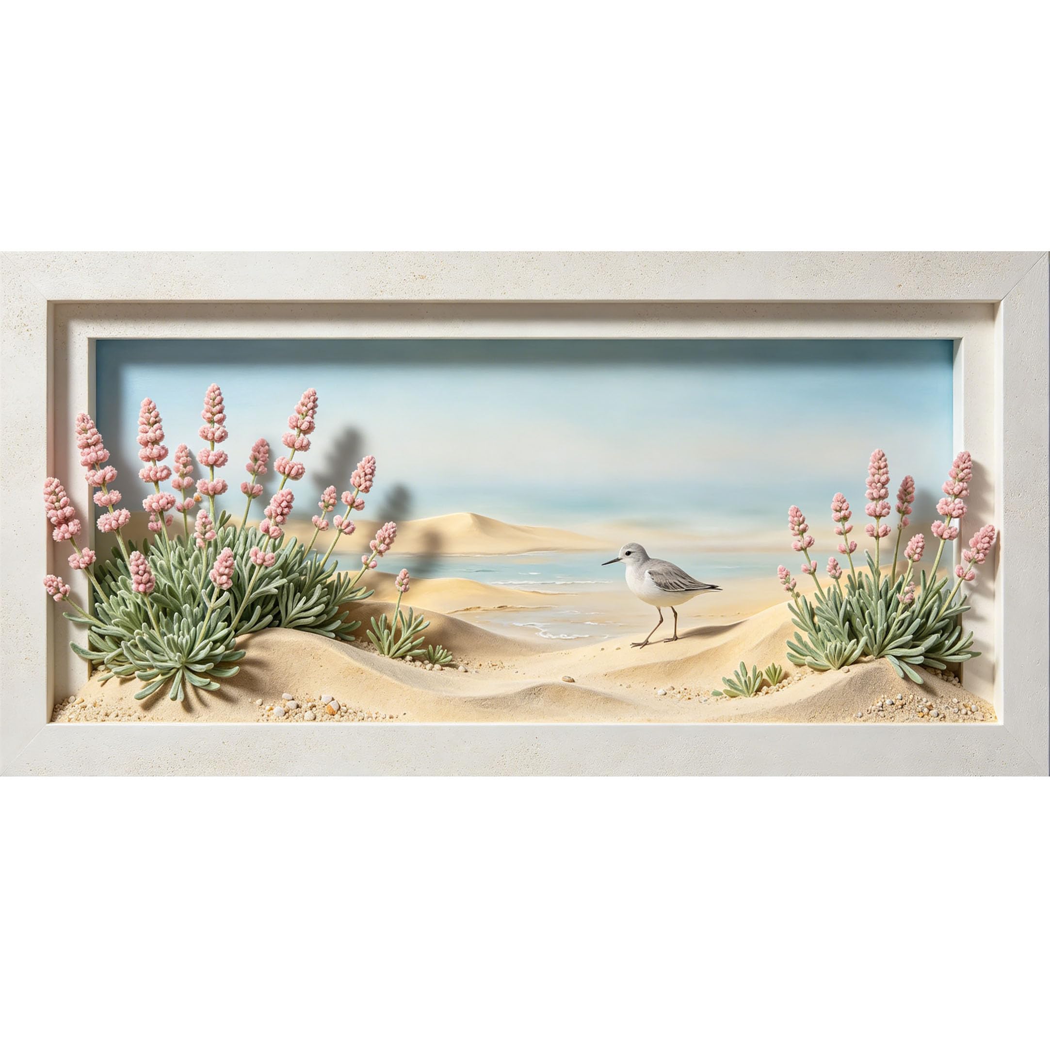 Agglomerix 3D Framed Wall Art Coastal Beach Sand Dunes Seaside Bird Pink Flowers Ocean View Large Size Self-Adhesive Removable Wall Decor Prints Artwork for Living Room Bedroom Office