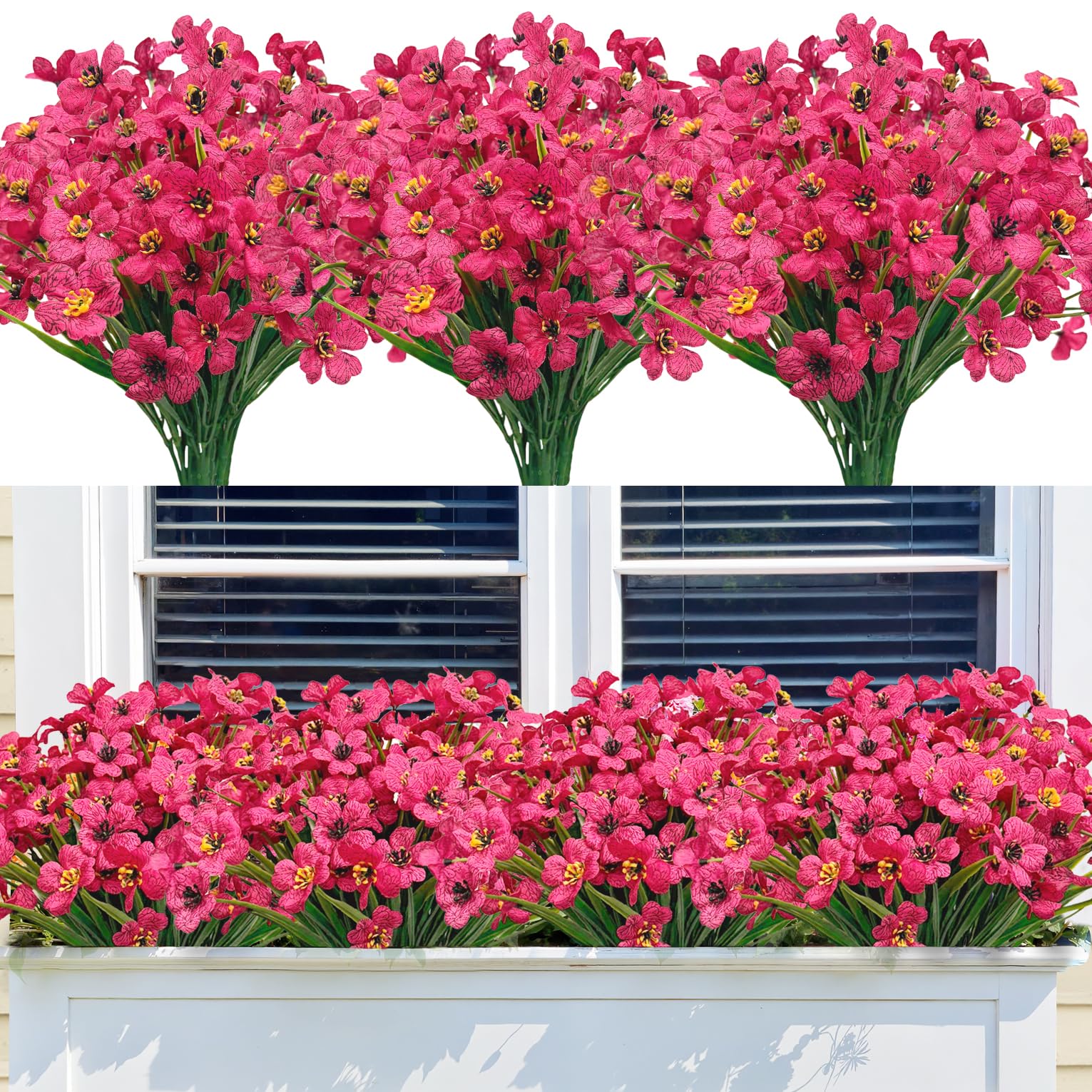 Bassion 24 Bundles Artificial Flowers for Outdoors Decoration, UV Resistant Fuchsia Silk Fake Faux Flowers Artificial Plants for Outside Window Box