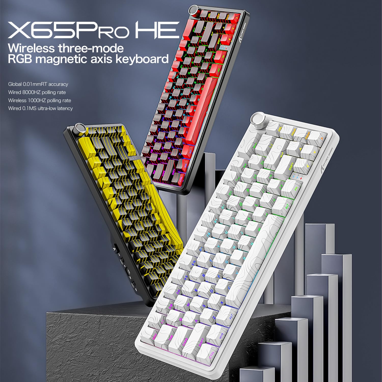 ATTACK SHARK X65PRO HE Rapid Trigger Keyboard, Magnetic Keyboard, Gaming Keyboard, Magnetic Switch, Tri-Mode, 0.01mm RT Accuracy, 0.125ms Latency, 8K Polling Rate, 128K Scan Rate, Dye-sub PBT Keycap