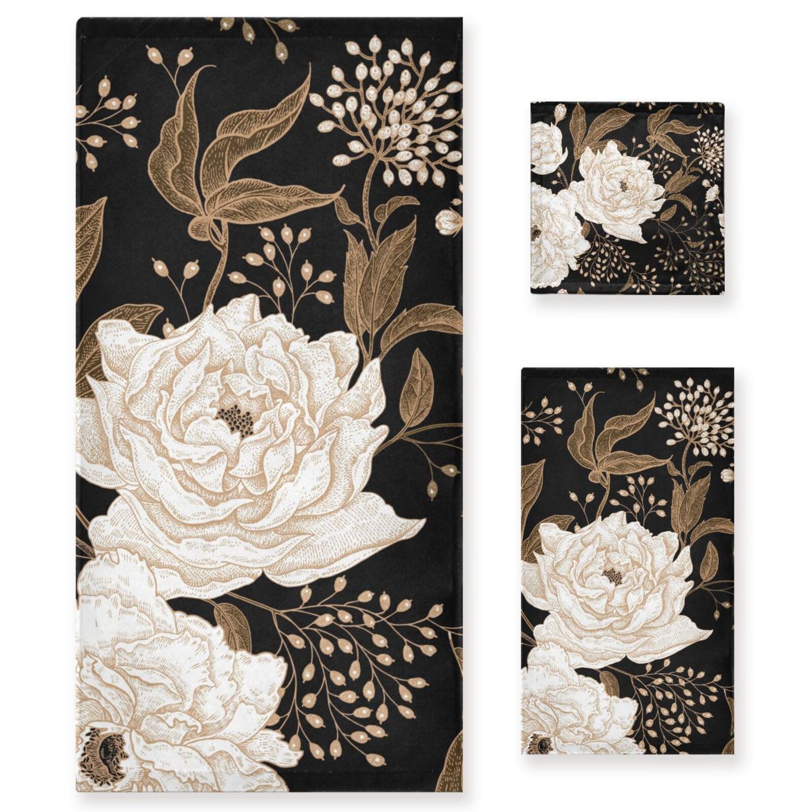 YOCIBIUT 3 Piece Vintage Beige Peony Bath Towels Set,Microfiber Absorbent Gold Black Floral Leaves Rustic Towels for Bathroom,1 Bath Towel,1 Hand