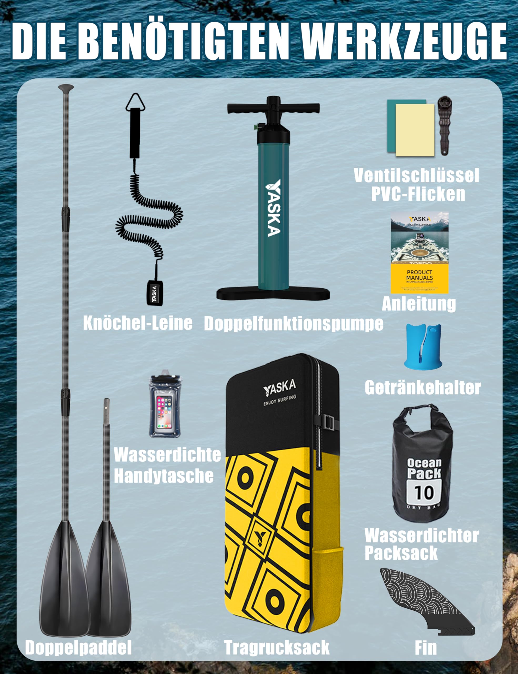 YASKA Tabla Paddle Surf Hinchable,Stand Up Paddle Board Surf con Accesorios Remo,Bomba,Correa,Aleta para 2 Personas Familia Adultos