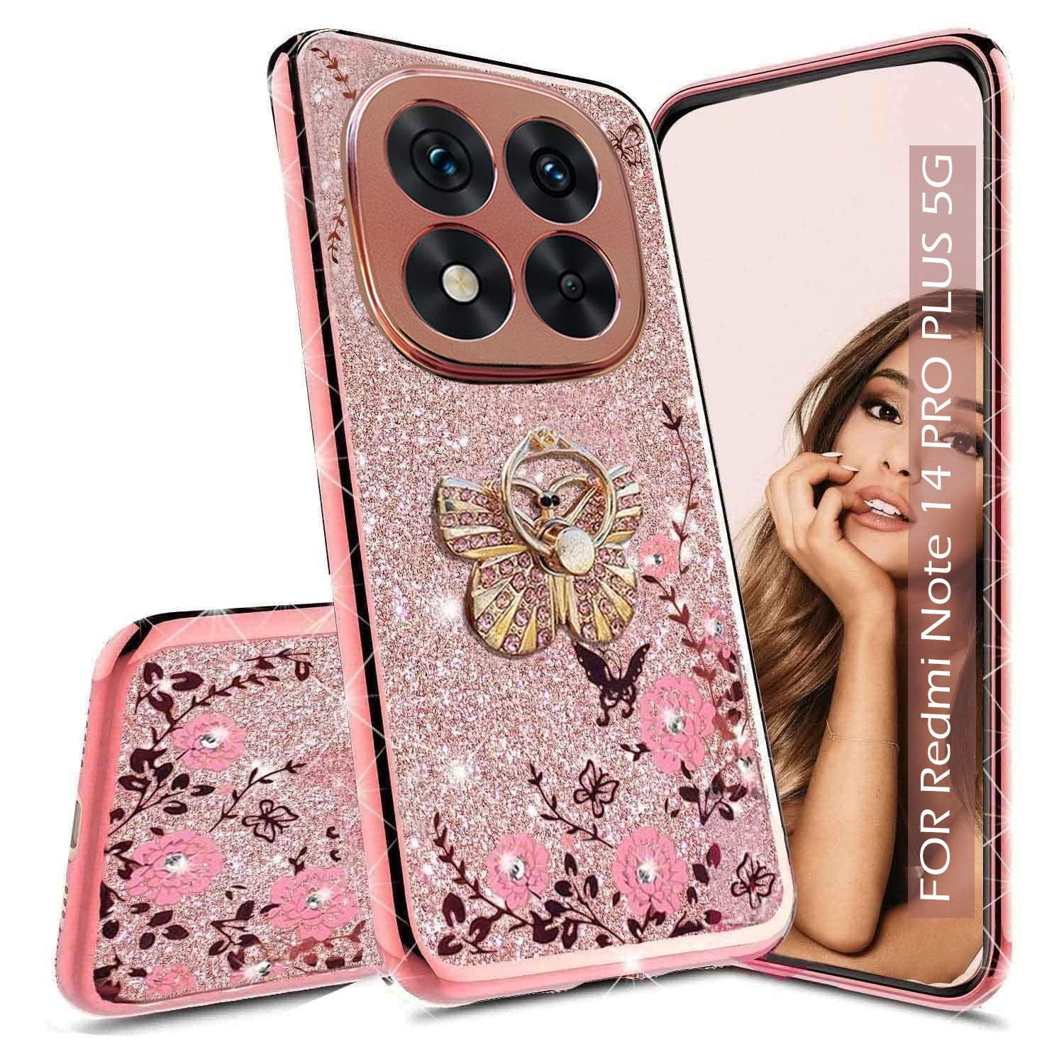KC Back Cover for Redmi Note 14 Pro Plus 5G – Glitter Auora Bling Butterfly Ring Grip Holder Stand Soft Silicone Transparent Camera Protection Case (Rose Gold Pink) KC Back Cover for Redmi Note 14 Pro Plus 5G – Glitter Auora Bling Butterfly Ring Grip Holder Stand Soft Silicone Transparent Camera Protection Case (Rose Gold Pink)