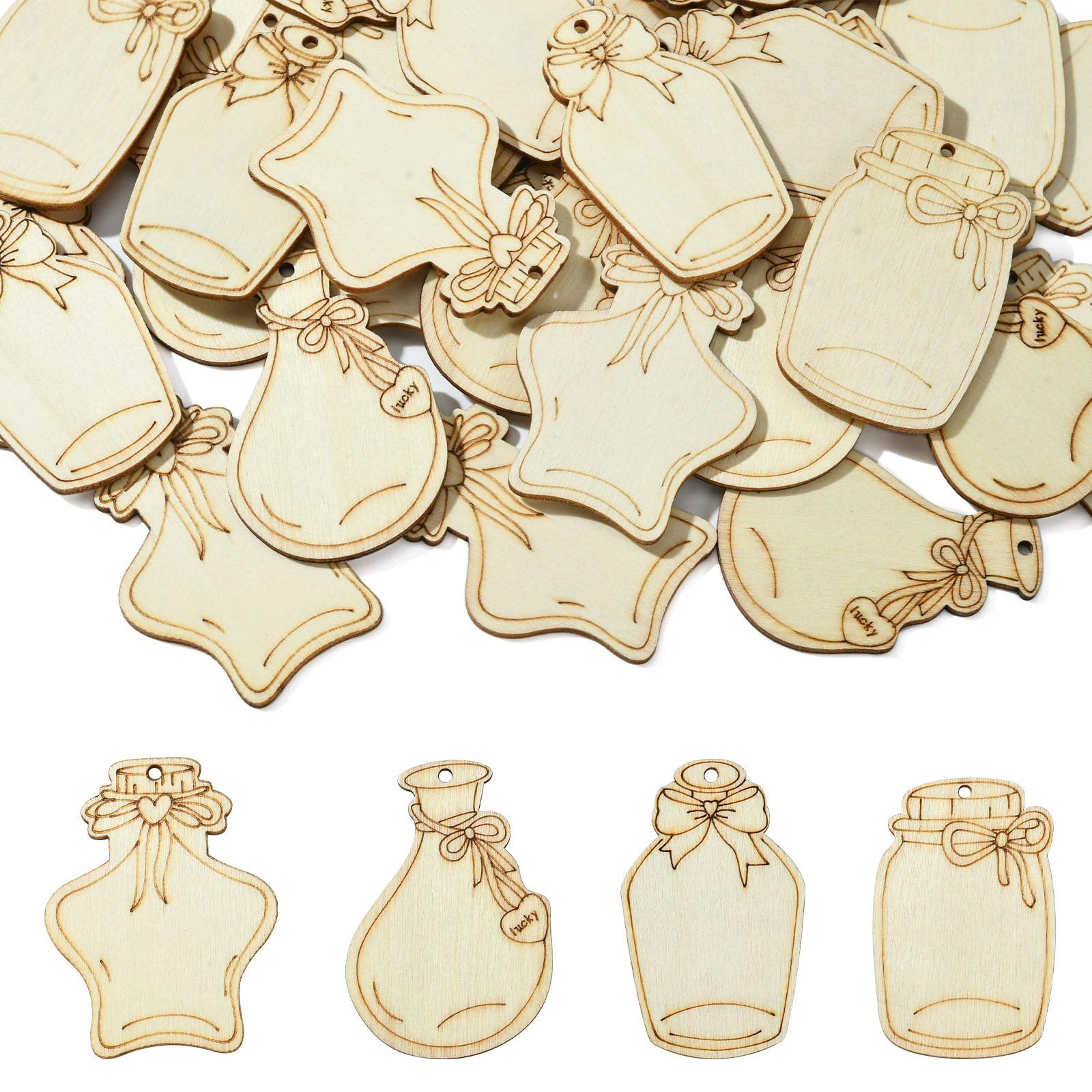 UR URLIFEHALL 40 Pcs 4 Styles Wooden Wishing Bottle Charms Unfinished Blank Wood Slices with Hole for Crafts Scrapbooking Home Garden Party Decor