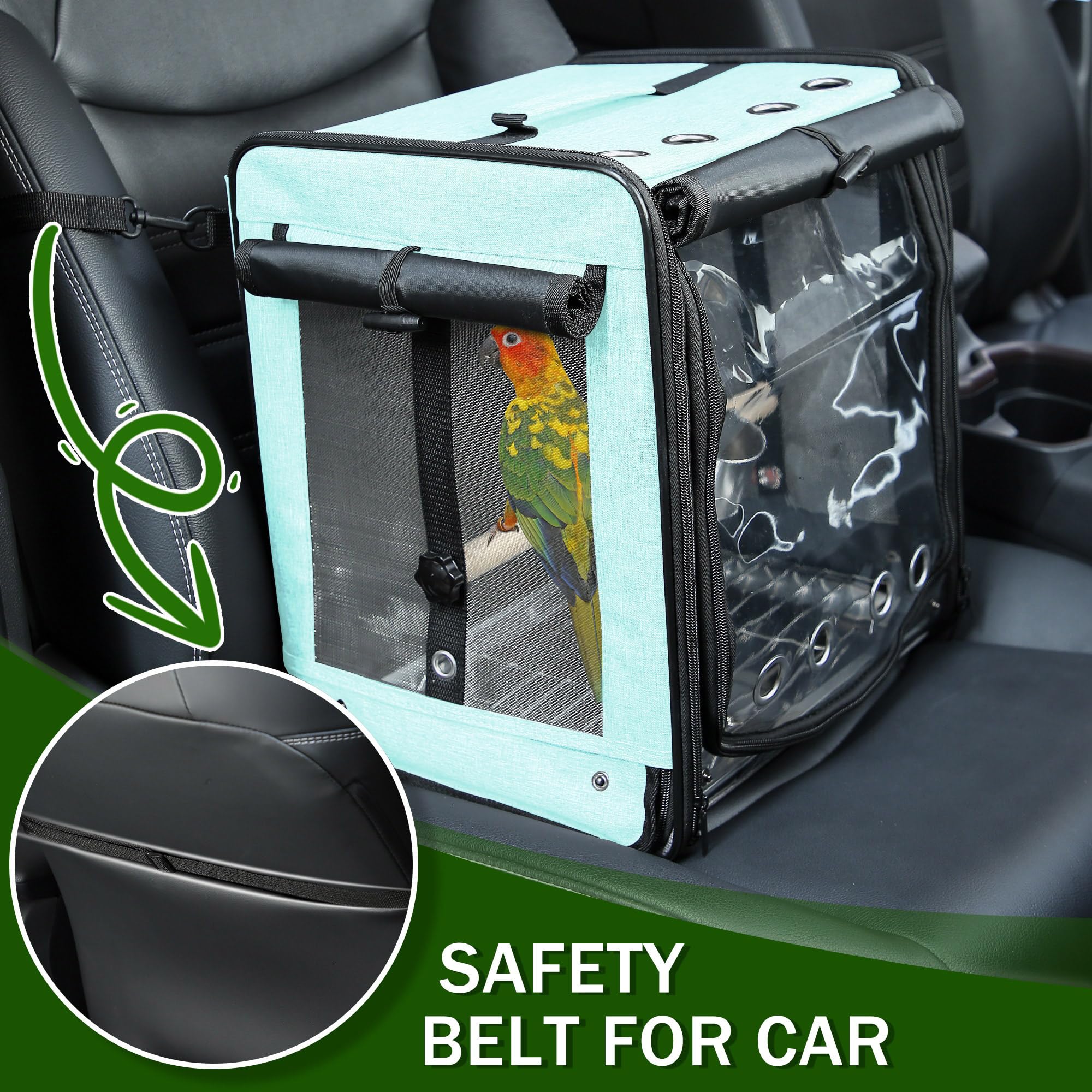 Portapájaros con cinturón de seguridad para viajes en coche, portaaviones con malla de acero inoxidable indestructible, jaula de viaje grande para pájaros, color verde