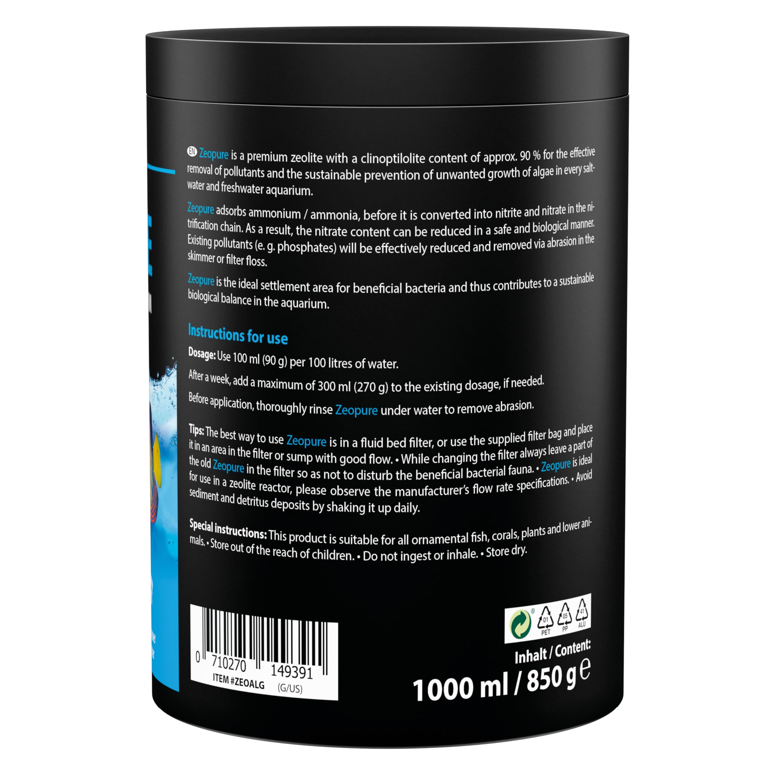 MICROBE-LIFT Zeopure - Premium Zeolith medium filtracyjne, pomaga w walce z algami, toksycznymi substancjami i metalami ciężkimi w akwarium, 1000 ml