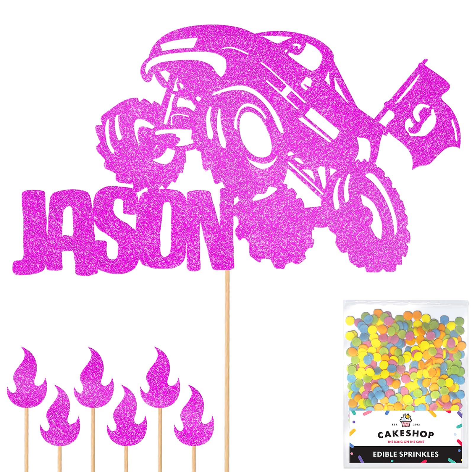 Personalised Off-Road Monster Truck 4x4 Glitter Topper- Pink Custom Name Hot Wheels Glitter Cake Decoration and Sprinkles - Happy Birthday Decorations - Personalised Toppers for Cakes by Cakeshop