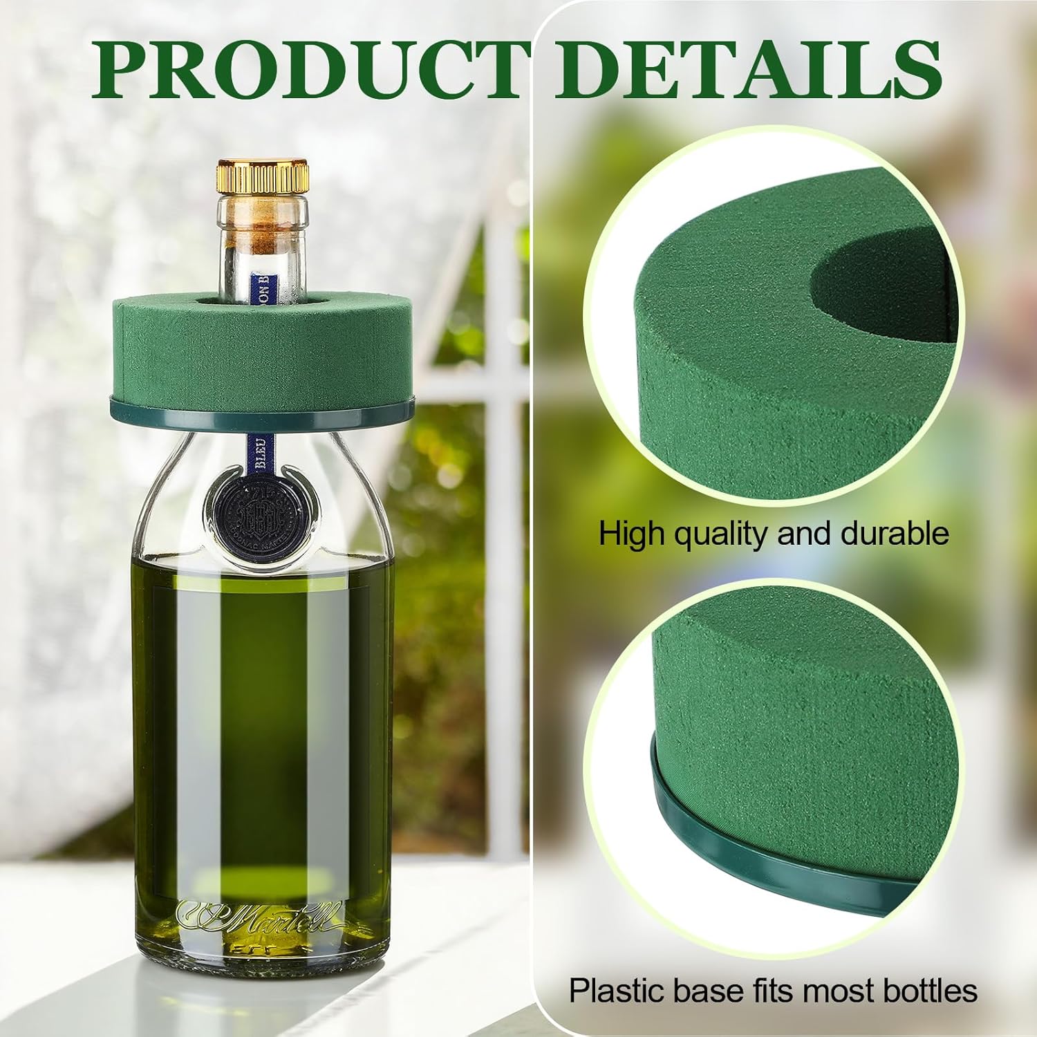 Wonderjune 24 Pcs Mini Floral Foam Holder for Wine Bottle Topper Green Flower Foam Round with Base Flower Arrangement Supplies for Wedding Party Table Decoration Wine Bottle Decor(3.9 x 1.8")