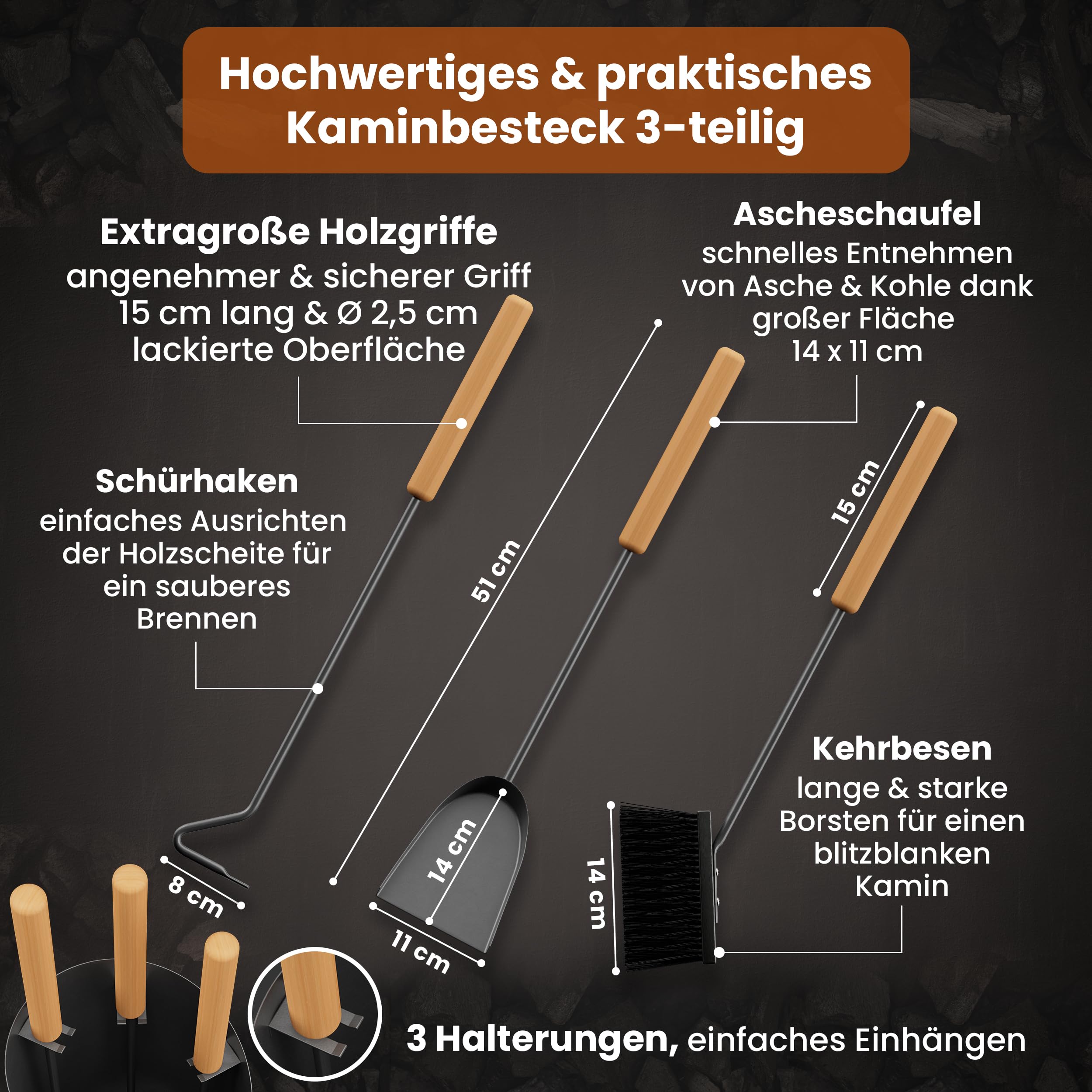 BLACK OAK Kaminbesteck VAIL 4-teilig - modernes Ofenbesteck Set schwarz mit Holzgriff 4 teilig mit Schürhaken Ascheschaufel Kaminbesen + Ständer modern Stahl - Kaminzubehör Kaminofen Besteck für Ofen