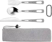 OUTXE Conjunto de 1 talher de titânio polido, 3 peças: faca, garfo e colher, leve e resistente, com bolsa de transporte para viagem, piquenique e caminhadas