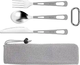 OUTXE Conjunto de 1 talher de titânio polido, 3 peças: faca, garfo e colher, leve e resistente, com bolsa de transporte para viagem, piquenique e caminhadas