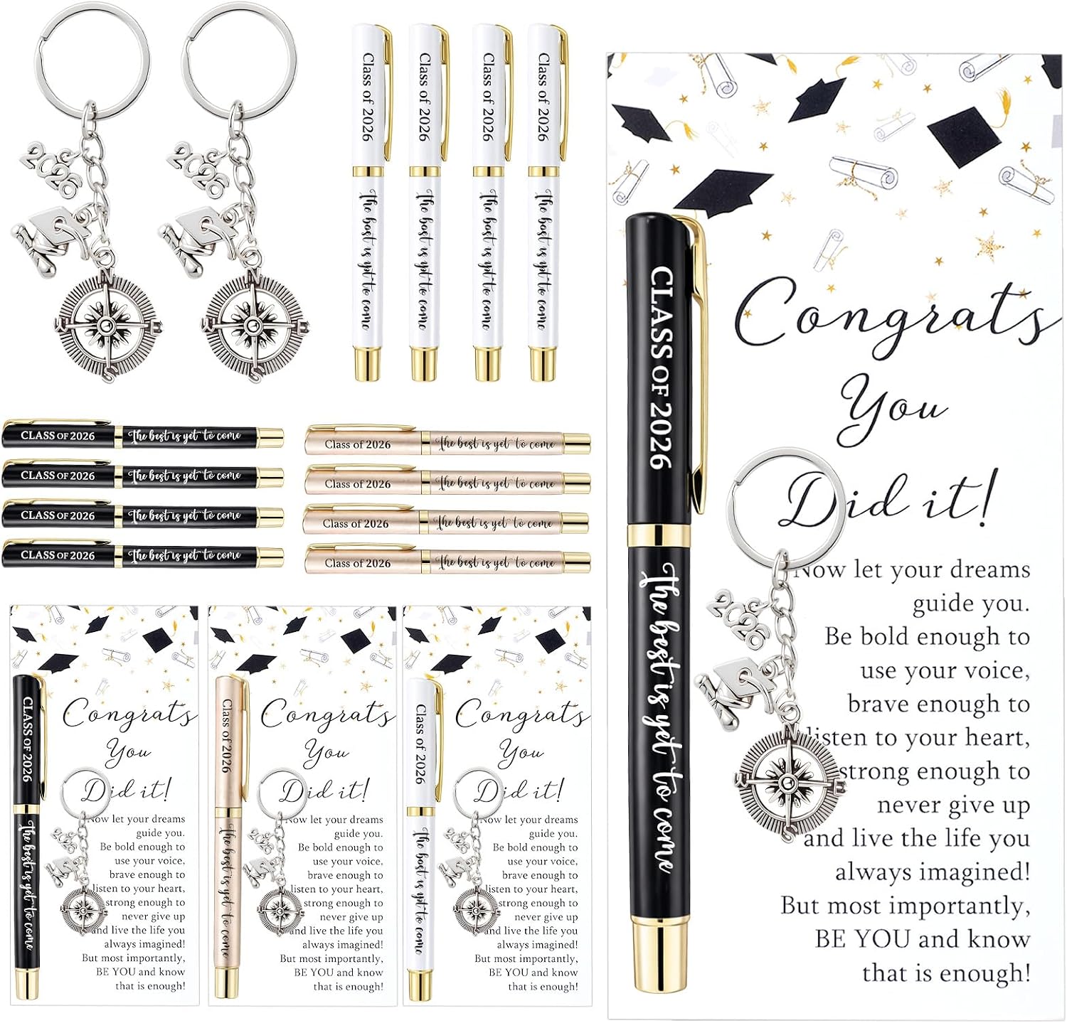 Motiskyy 24 Set Graduation Gifts Bulk Class of 2026, Inspirational Metal Pens, Compass Keychains, Congrats Cards and Opp Bags, Graduation Party Favor for Teacher Student (Black White Champagne Gold)