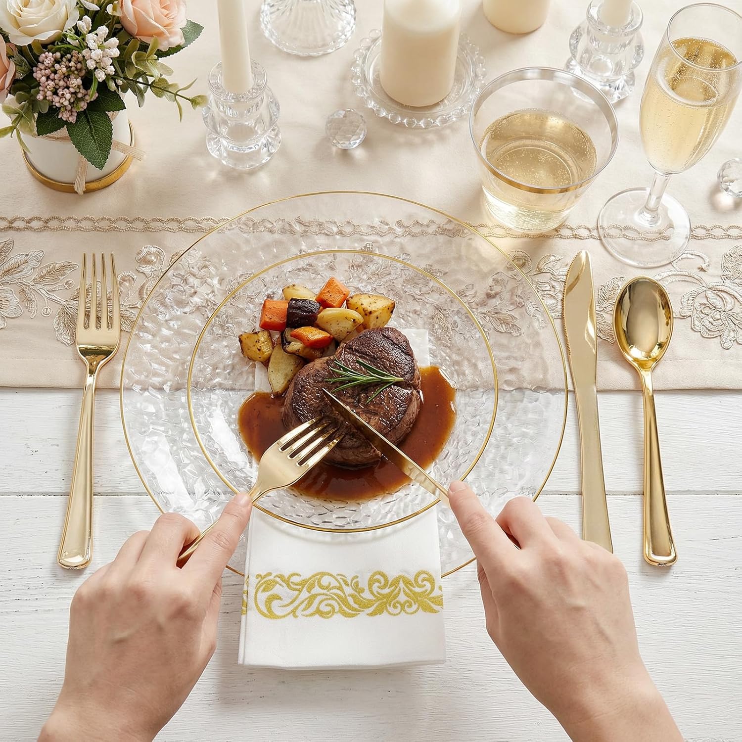 Rubtlamp 350 Pcs Clear Gold Plastic Plates, Hammered Disposable Dinnerware, Clear-Gold Plates Set Include 100 Plastic Platos, 150 Gold Disposable Silverware, 50 Cups And 50 Napkins for Party