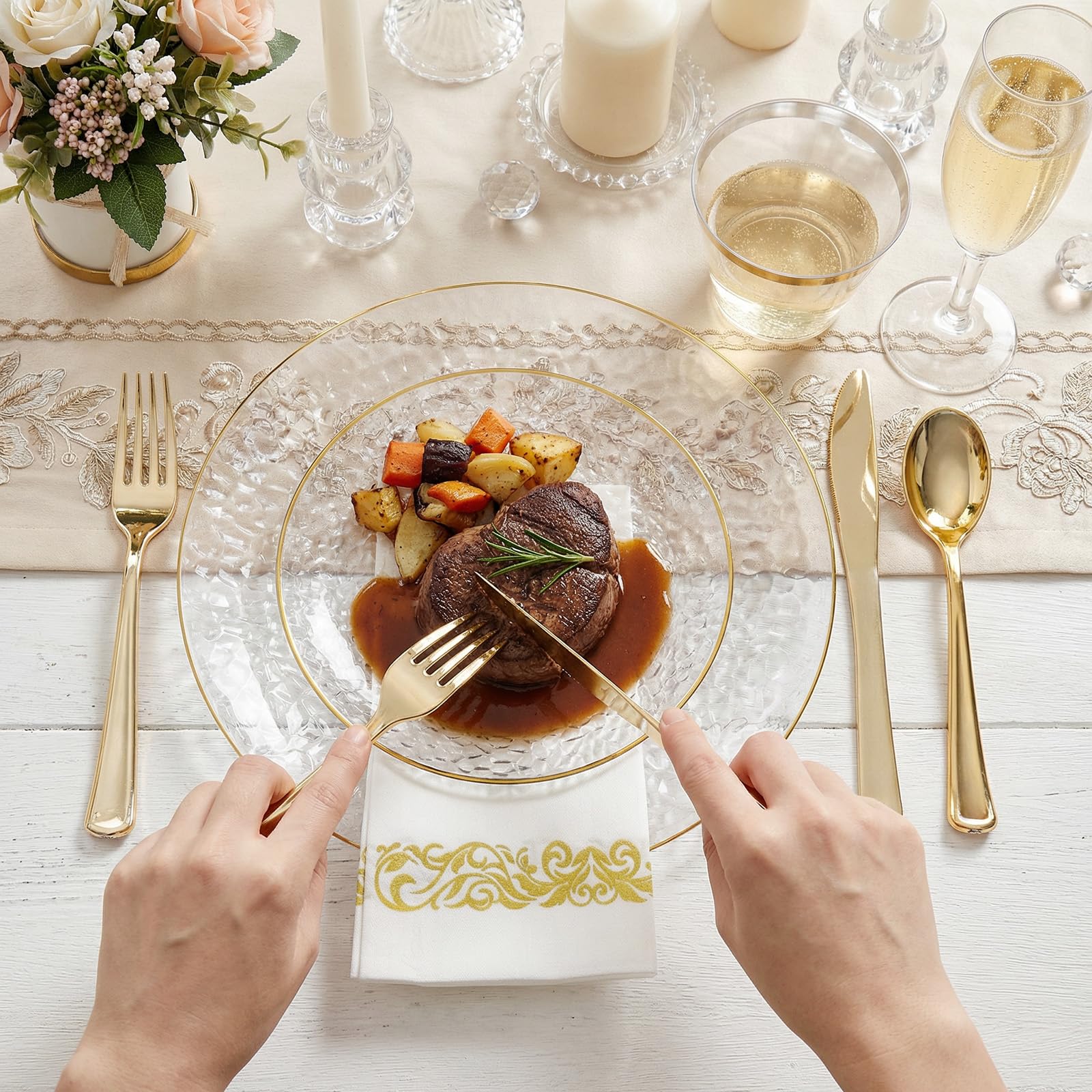 Clear Gold Disposable Dinnerware Set - 350 Piece Party Pack -3