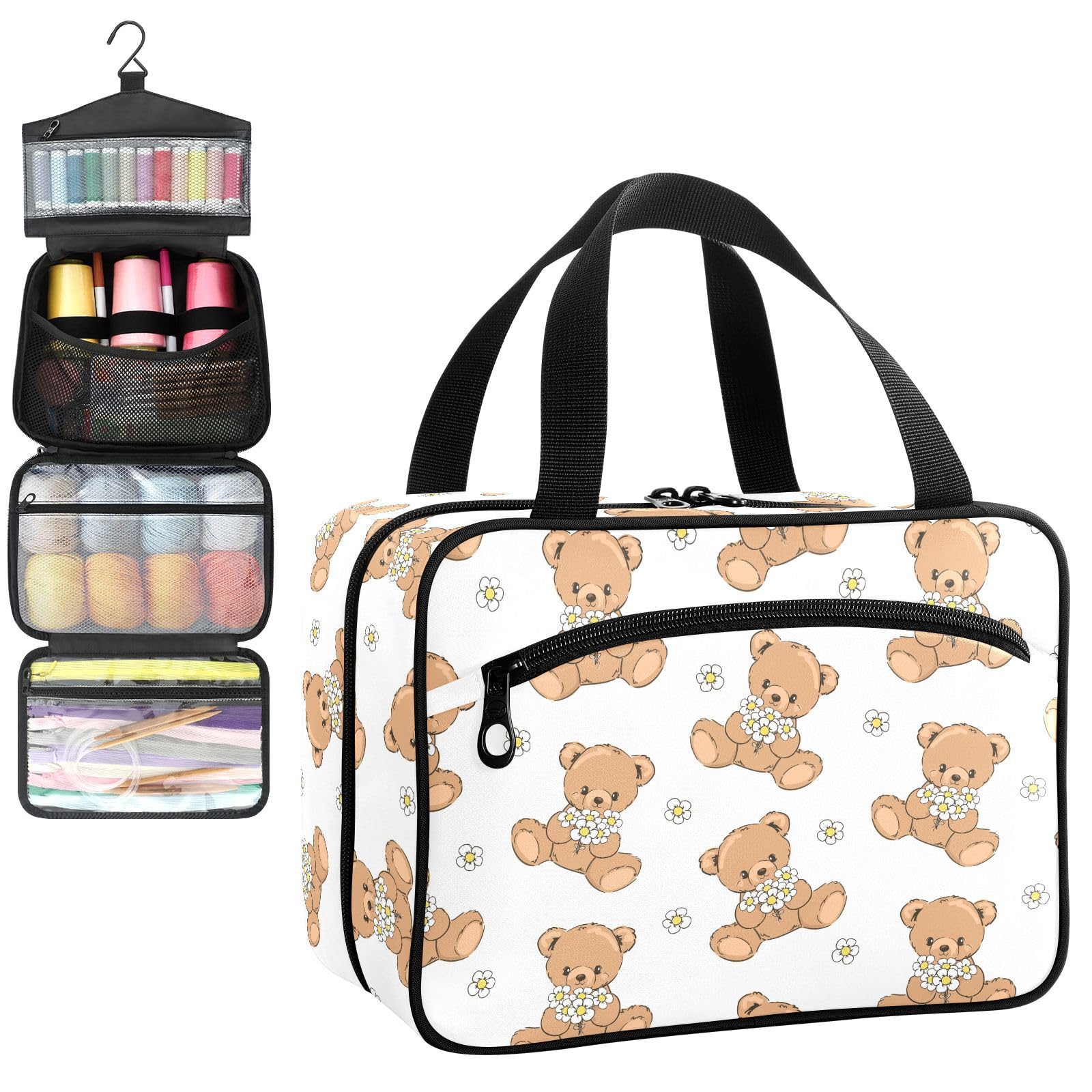 YNNALE Sewing Supply Organizer Bag, Cute Plush Bear with Daisy Flowers Portable Sewing Bags with Pockets&Hanger, Sewing Storage Box Case for Sew Supplies/Kit/Tools/Accessories (BAG ONLY)
