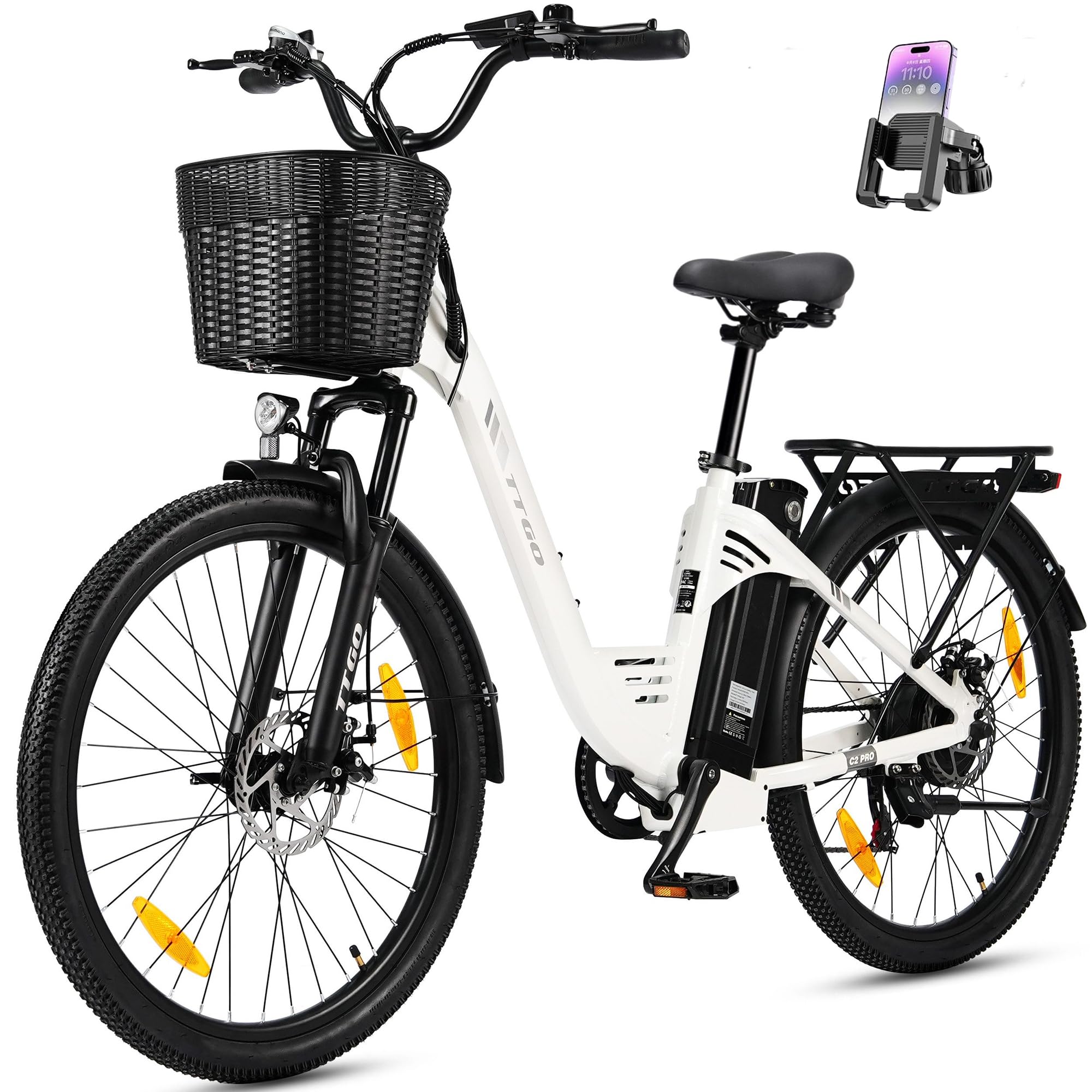 ttgo C2 PRO Vélo électrique 26", vélo de ville, trekking, pedelec avec panier, moteur 250 W 52 Nm, batterie 36 V 18 Ah, portée de 80 à 120 km, dérailleur à 7 vitesses, vélo électrique pour homme et