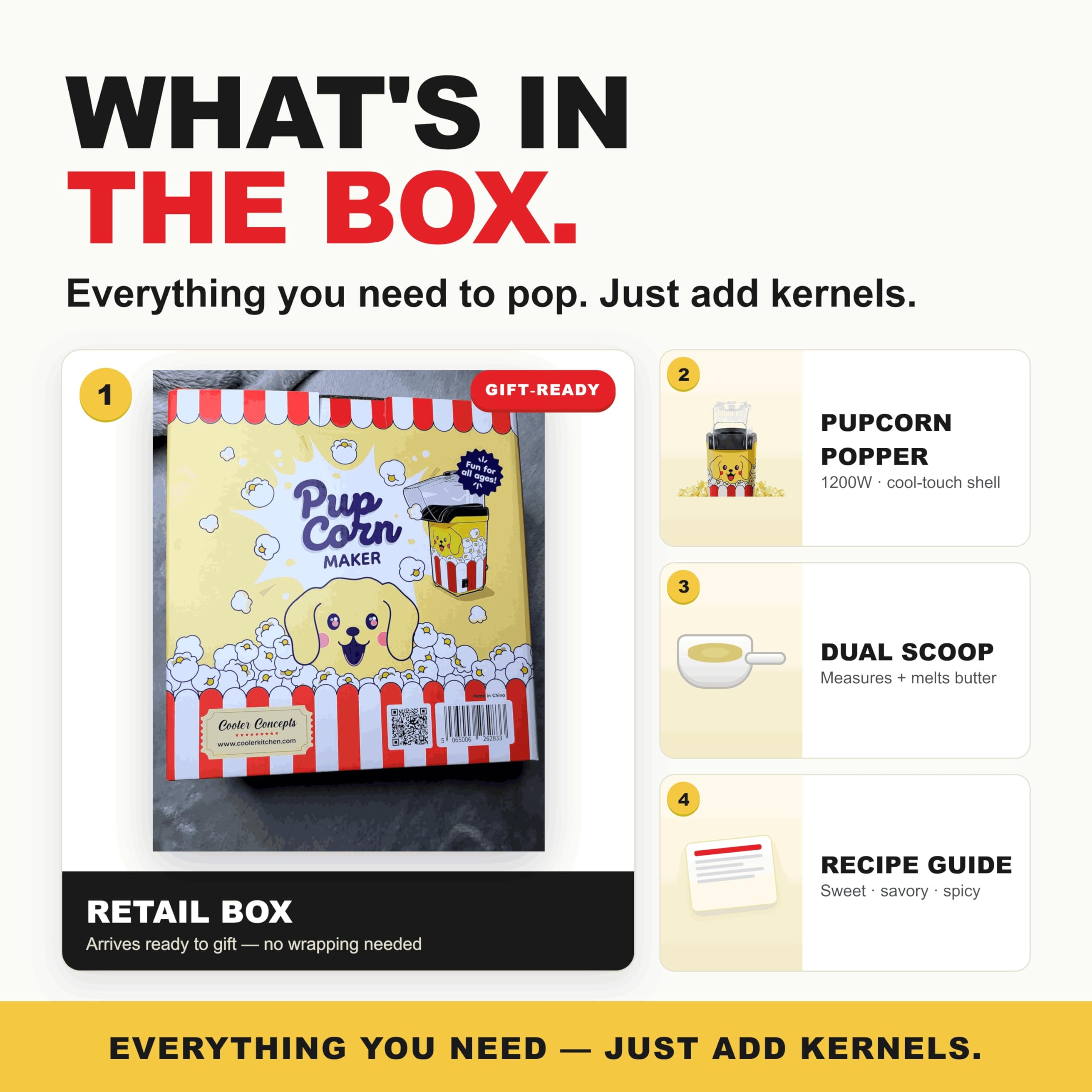 Cooler Concepts Máquina de palomitas de maíz "Pupcorn" y Popper de aire – Popper de aire caliente de 1200 W con bandeja de fusión de mantequilla – Mini fabricante eléctrico – Regalo para los amantes