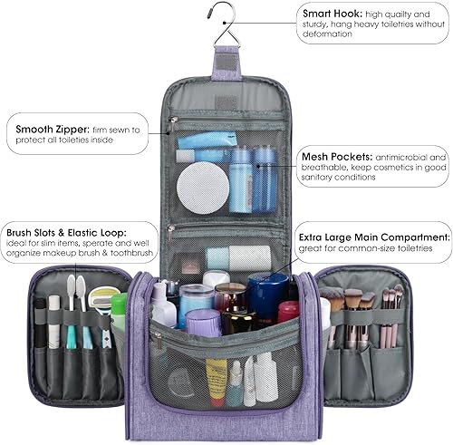 Miniatura 2 de WANDF Neceser colgante grande para viaje, organizador de maquillaje cosmético, resistente al agua, bolsa de baño para mujeres y hombres, Púrpura