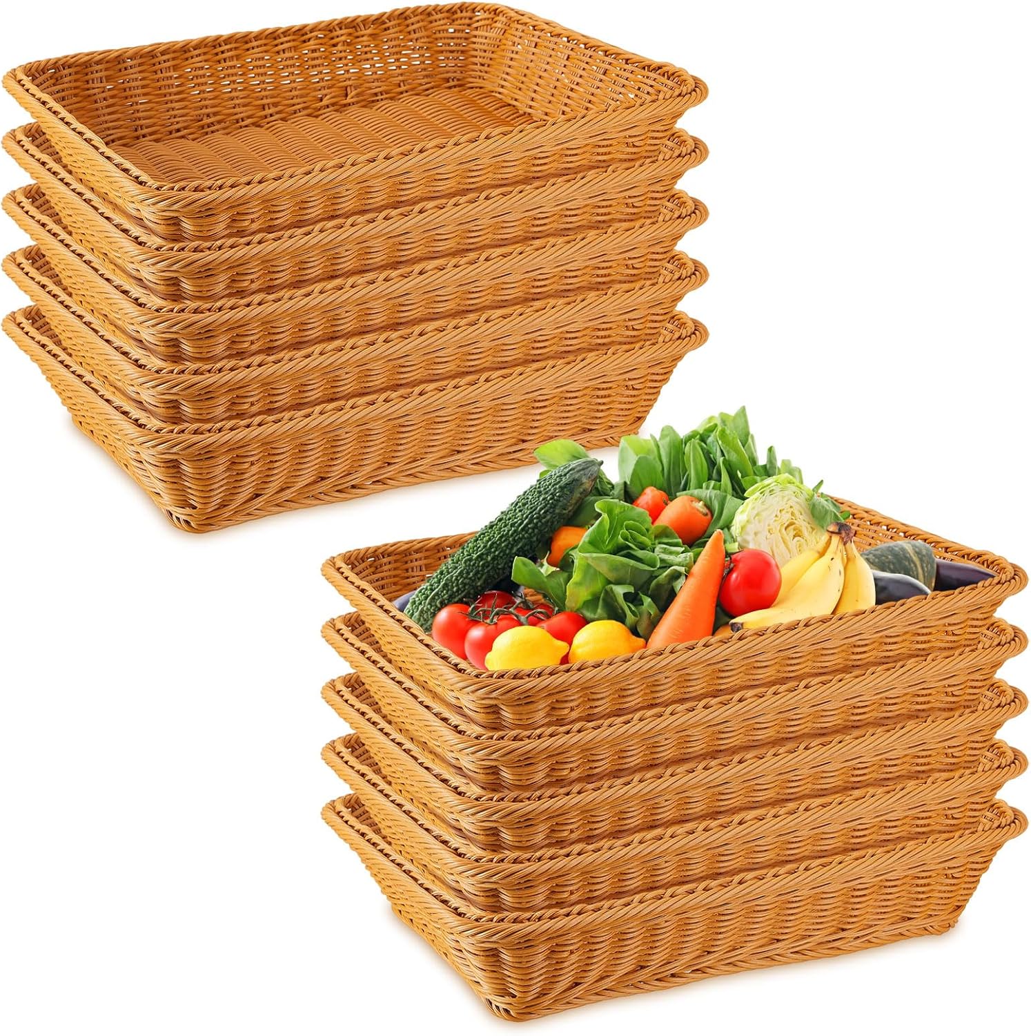10 cestas de pan tejidas de mimbre de polietileno, bandeja de frutas de ratán de imitación, apilables, rectangulares, cestas de alimentos para