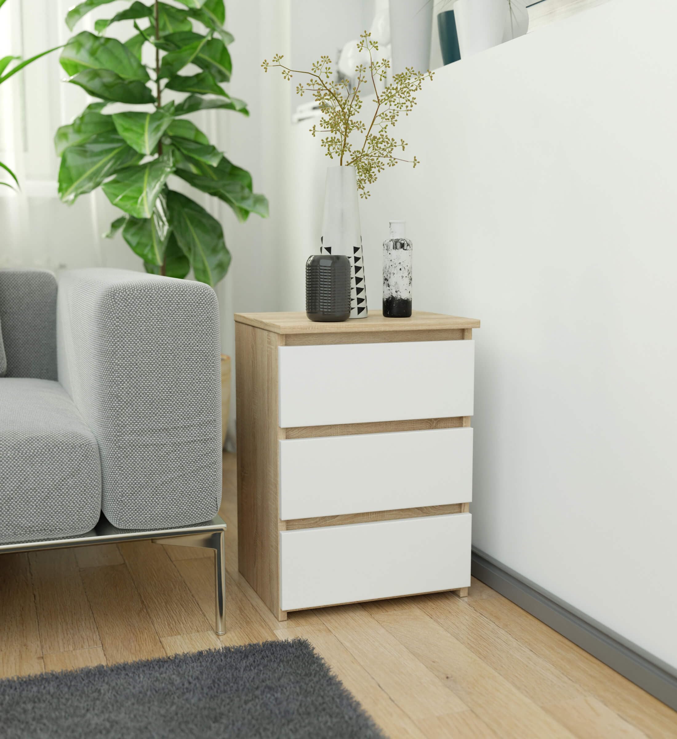 AKORD | Mesita de Noche CL-3 con 3 cajones | Sala de Estar, Dormitorio, Armario, Oficina y Estudio | Diseño Moderno y Funcional | 35 x 40 x 57 cm, 26 kg | Roble Sonona | Blanco