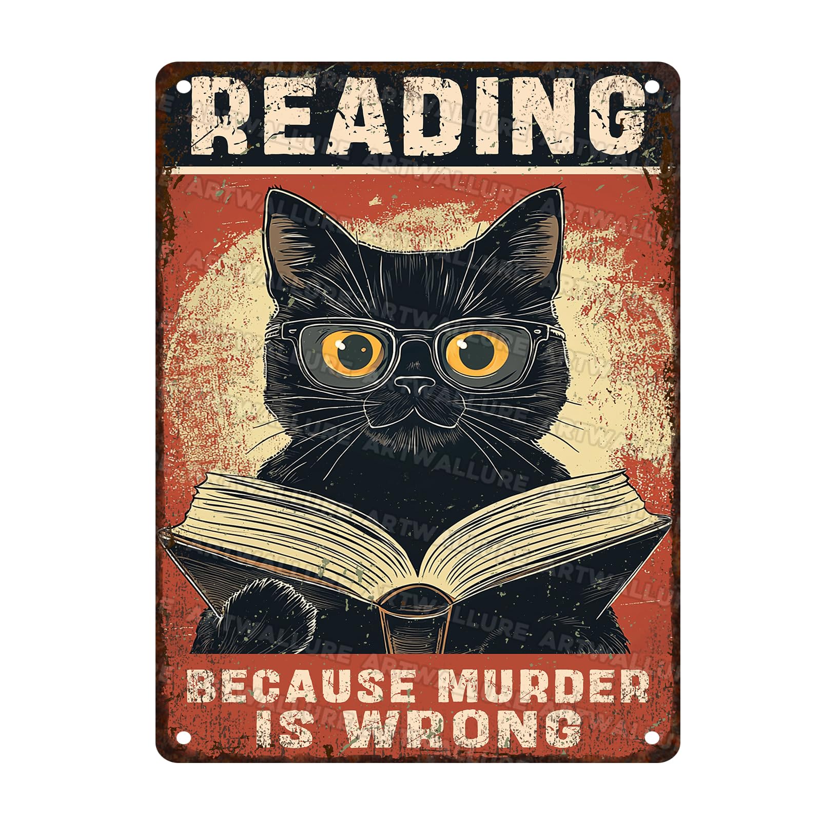 Black Cat Reading Sign Funny Cat Wall Decor Reading Because Murder is Wrong Art Plaque for Home Study Library Living Room Bedroom 12x16inch