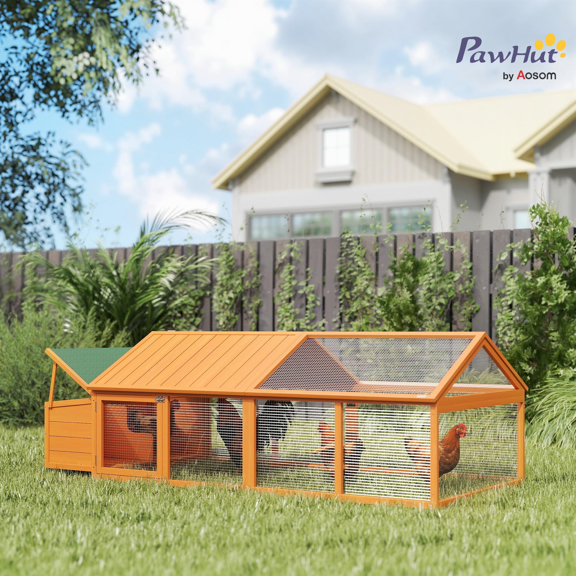 PawHut Gallinero Exterior Madera 240x112,5x76 cm Techo Abatible Corral Puertas Cerradura Nido Gallinas