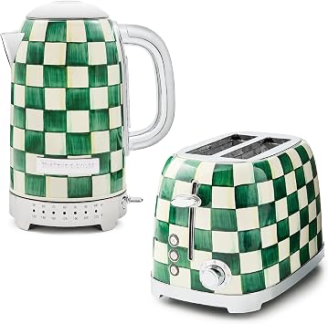MACKENZIE-CHILDS Stainless-Steel Electric Kettle Bundle with Stainless-Steel 2-Slice Toaster, Green-and-White Emerald Check