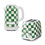 MACKENZIE-CHILDS Stainless-Steel Electric Kettle Bundle with Stainless-Steel 2-Slice Toaster&comma; Green-and-White Emerald Check